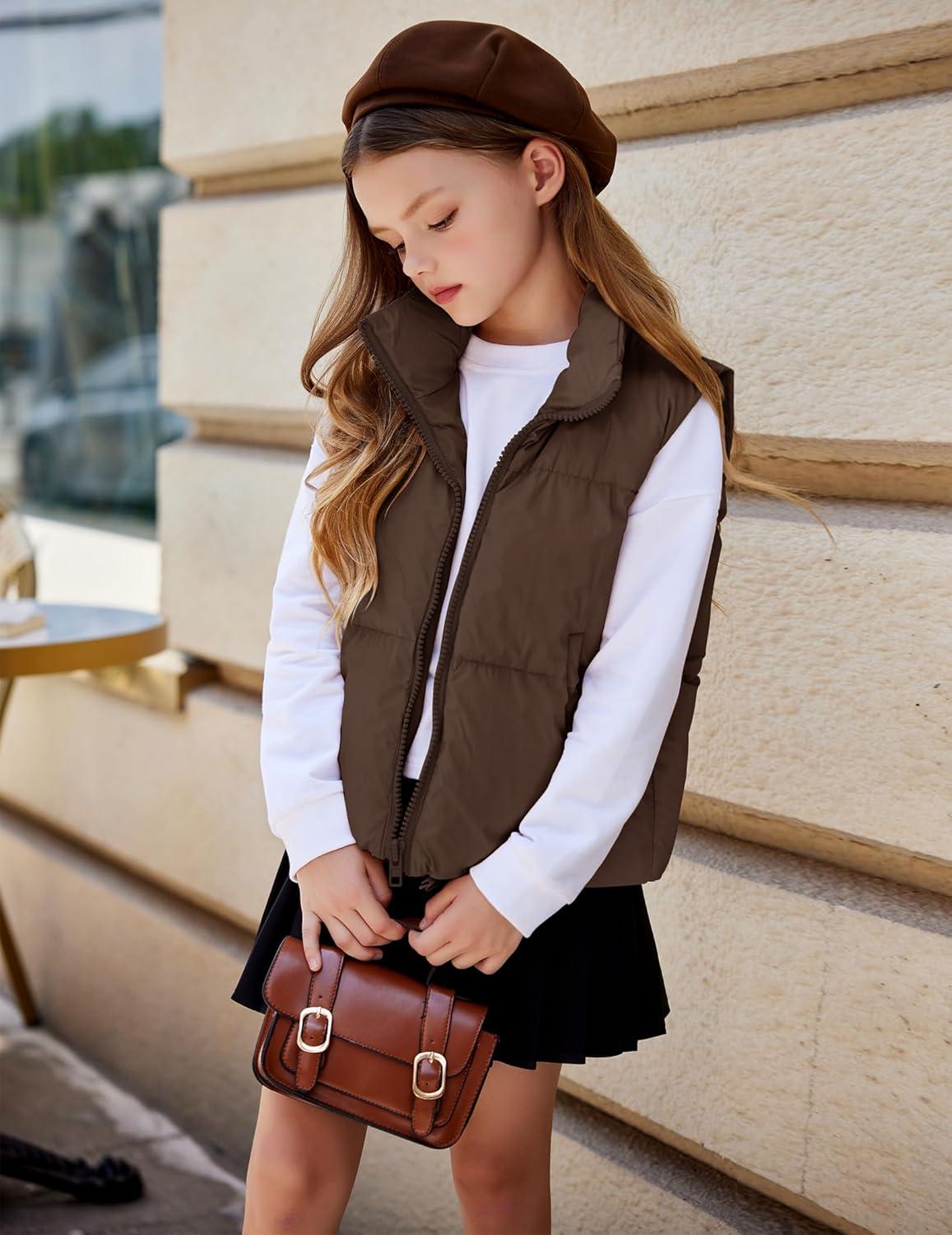 imageArshiner Girls Winter Zipper Puffer Vest Lightweight Sleeveless Outwear Puffy Vests for 512 Years OldBrown