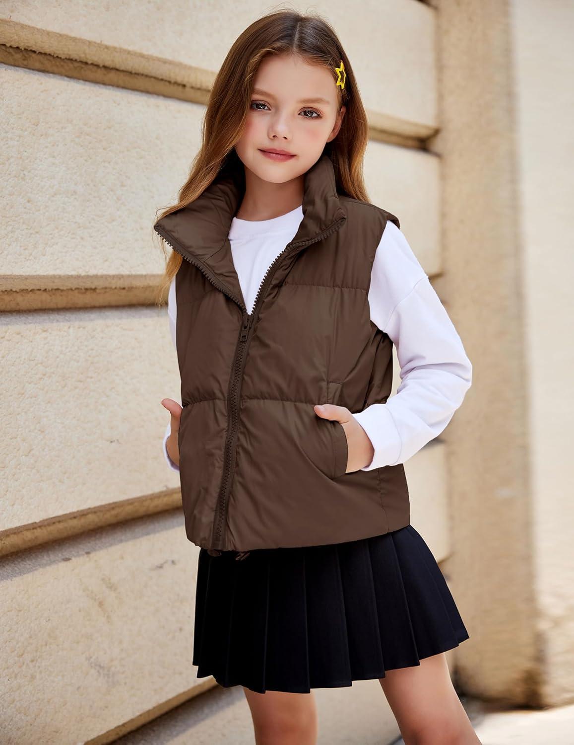 imageArshiner Girls Winter Zipper Puffer Vest Lightweight Sleeveless Outwear Puffy Vests for 512 Years OldBrown