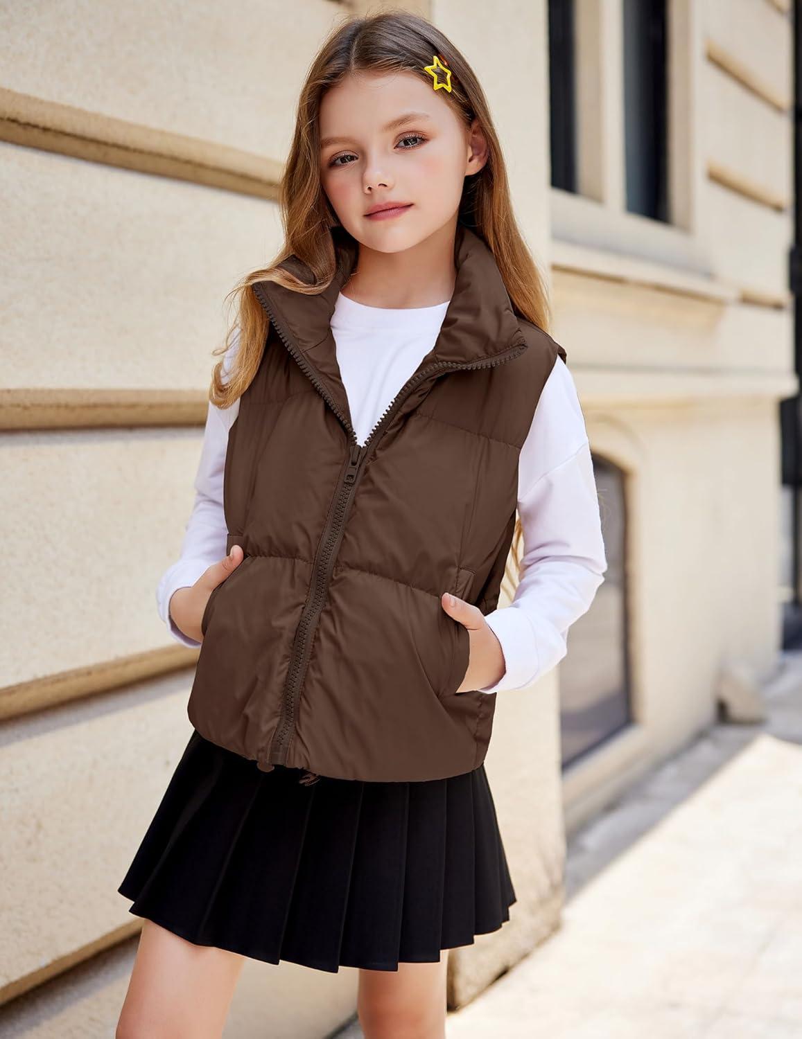 imageArshiner Girls Winter Zipper Puffer Vest Lightweight Sleeveless Outwear Puffy Vests for 512 Years OldBrown