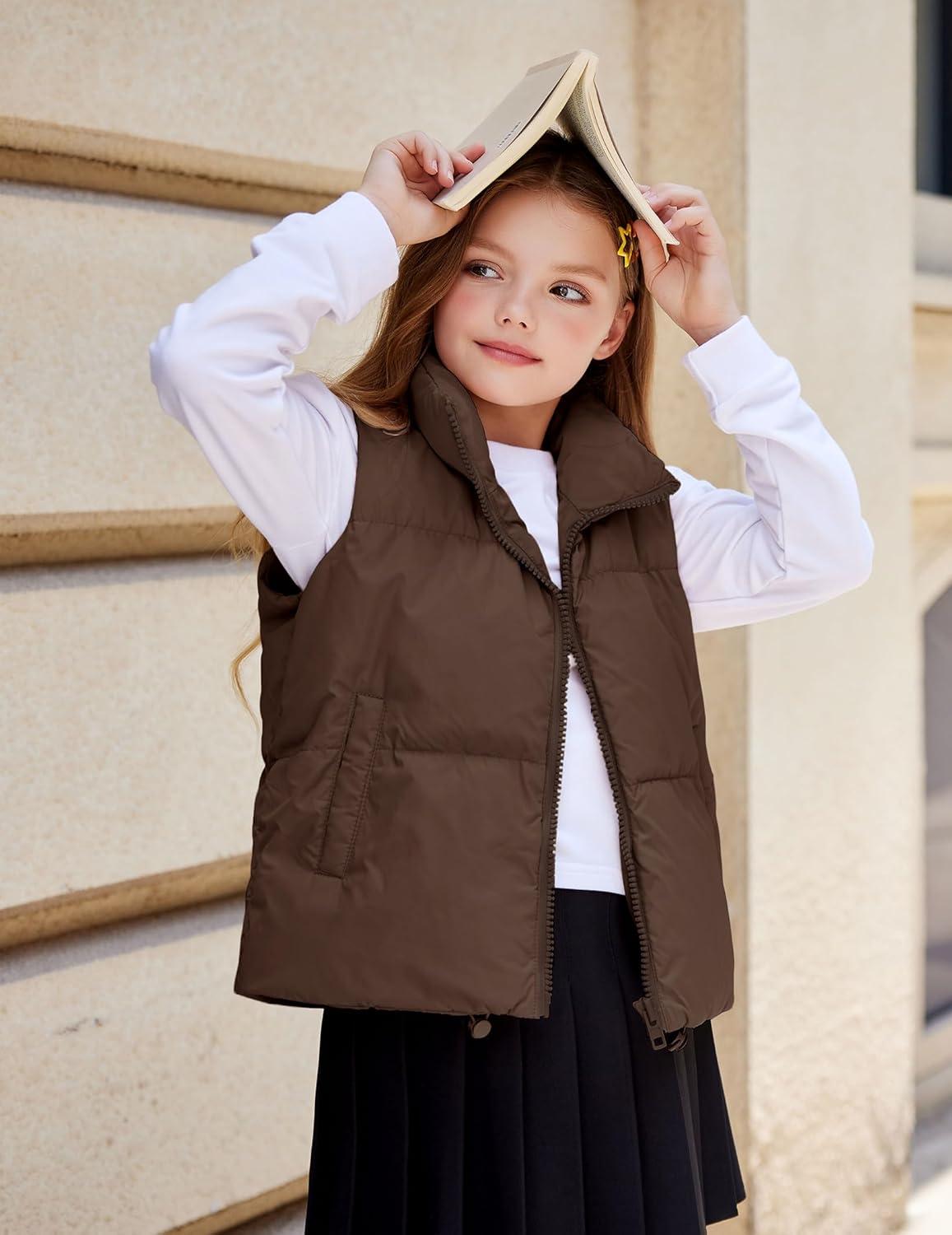 imageArshiner Girls Winter Zipper Puffer Vest Lightweight Sleeveless Outwear Puffy Vests for 512 Years OldBrown