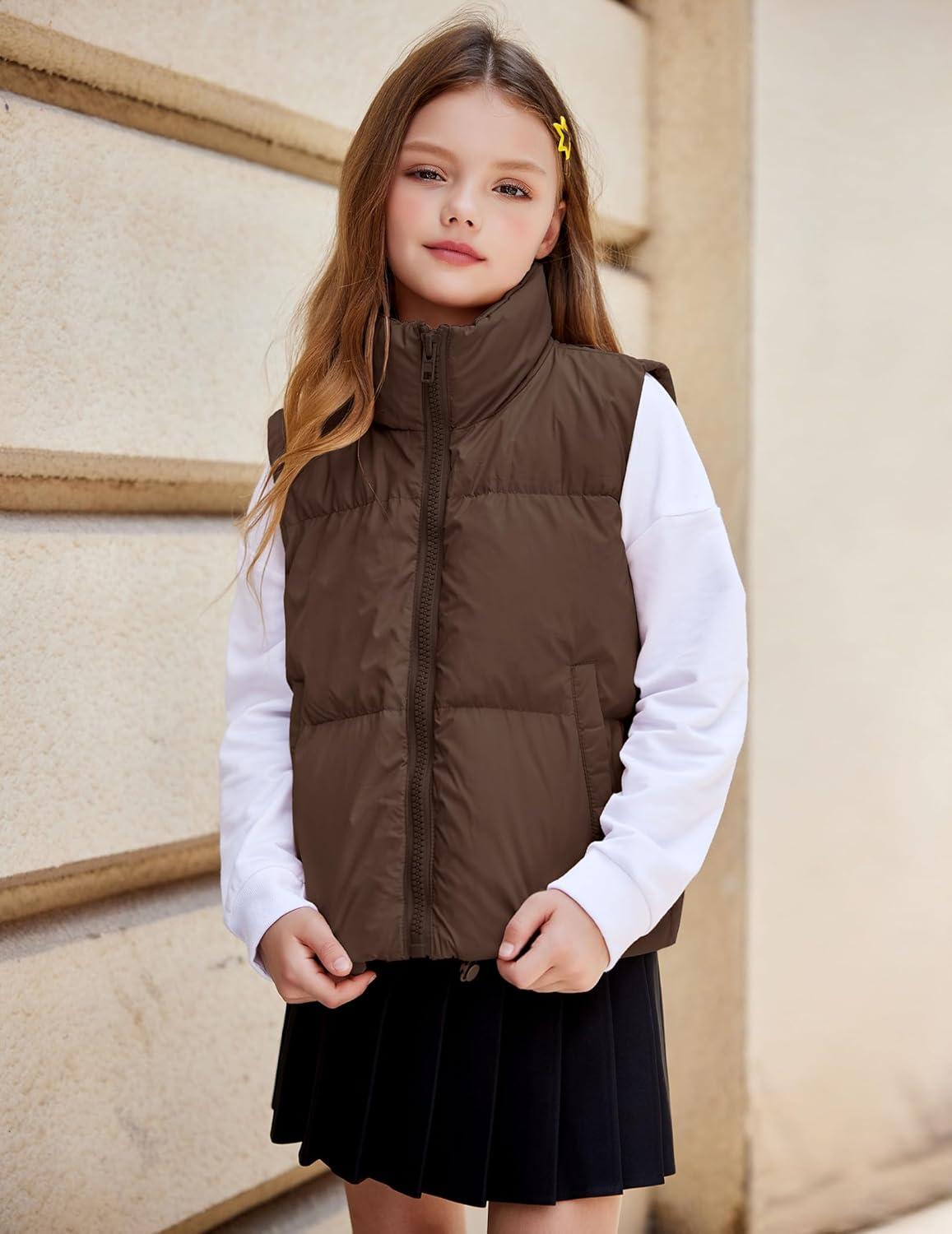 imageArshiner Girls Winter Zipper Puffer Vest Lightweight Sleeveless Outwear Puffy Vests for 512 Years OldBrown