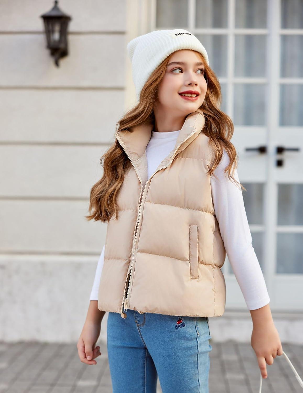 imageArshiner Girls Winter Zipper Puffer Vest Lightweight Sleeveless Outwear Puffy Vests for 512 Years OldKhaki