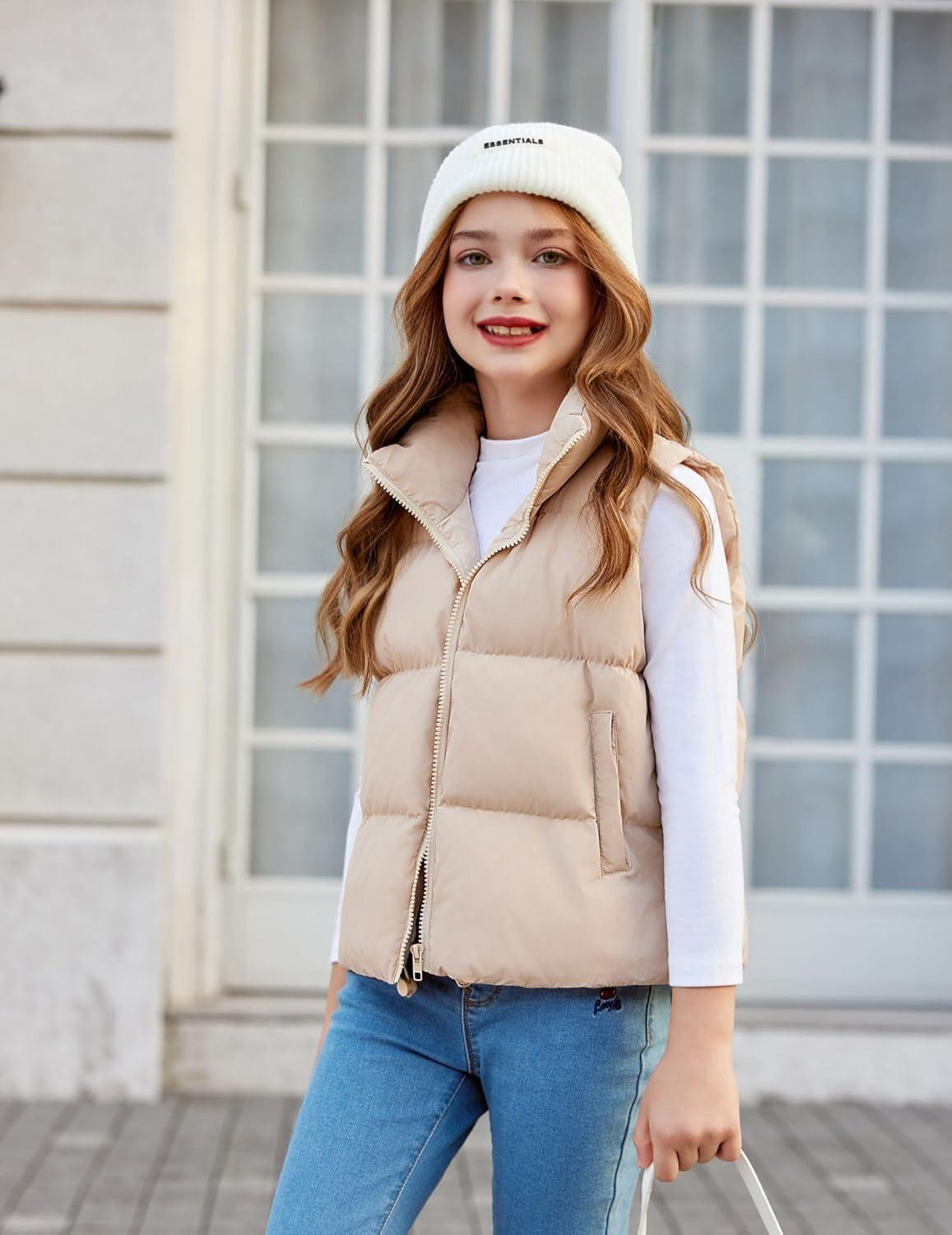 imageArshiner Girls Winter Zipper Puffer Vest Lightweight Sleeveless Outwear Puffy Vests for 512 Years OldKhaki
