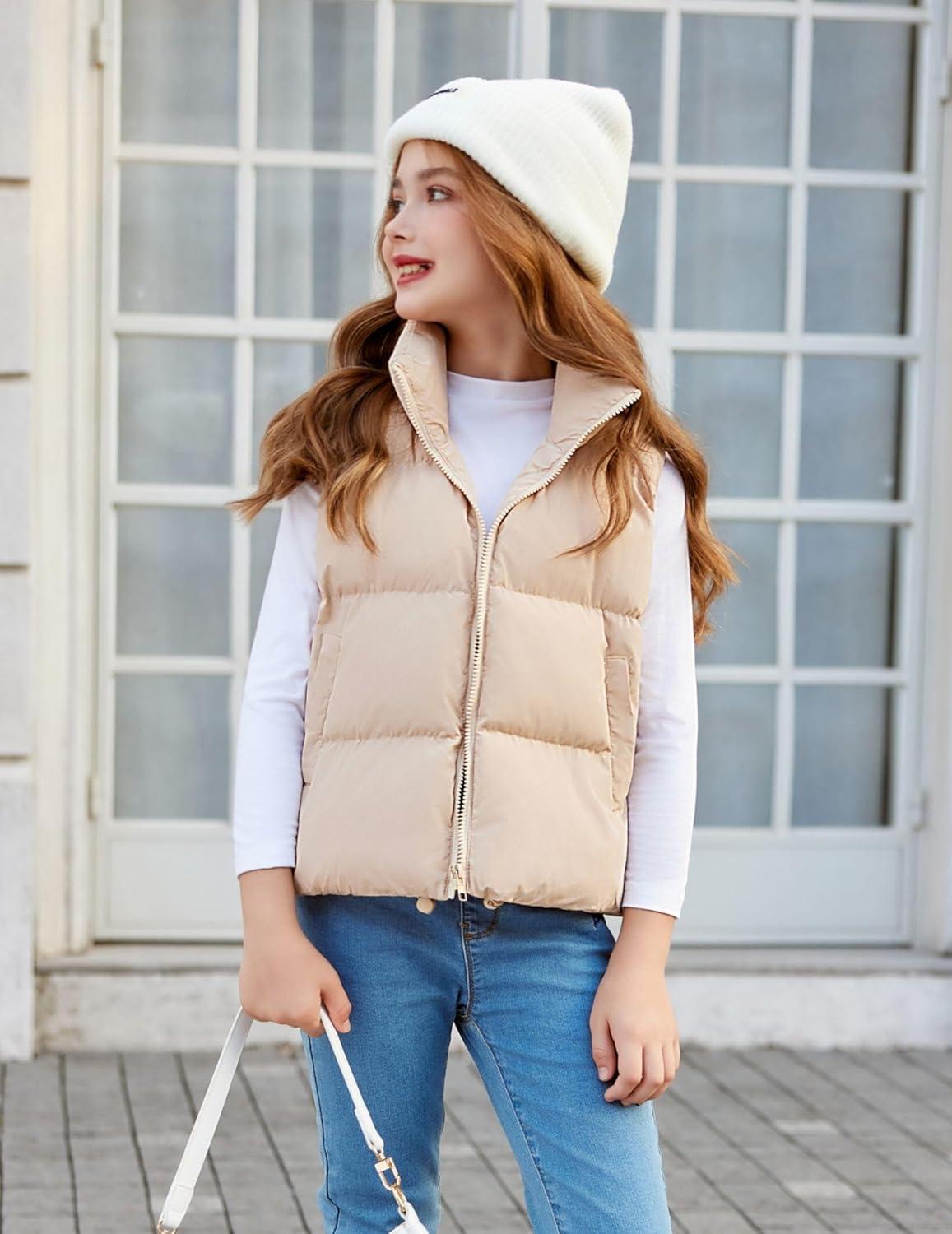 imageArshiner Girls Winter Zipper Puffer Vest Lightweight Sleeveless Outwear Puffy Vests for 512 Years OldKhaki
