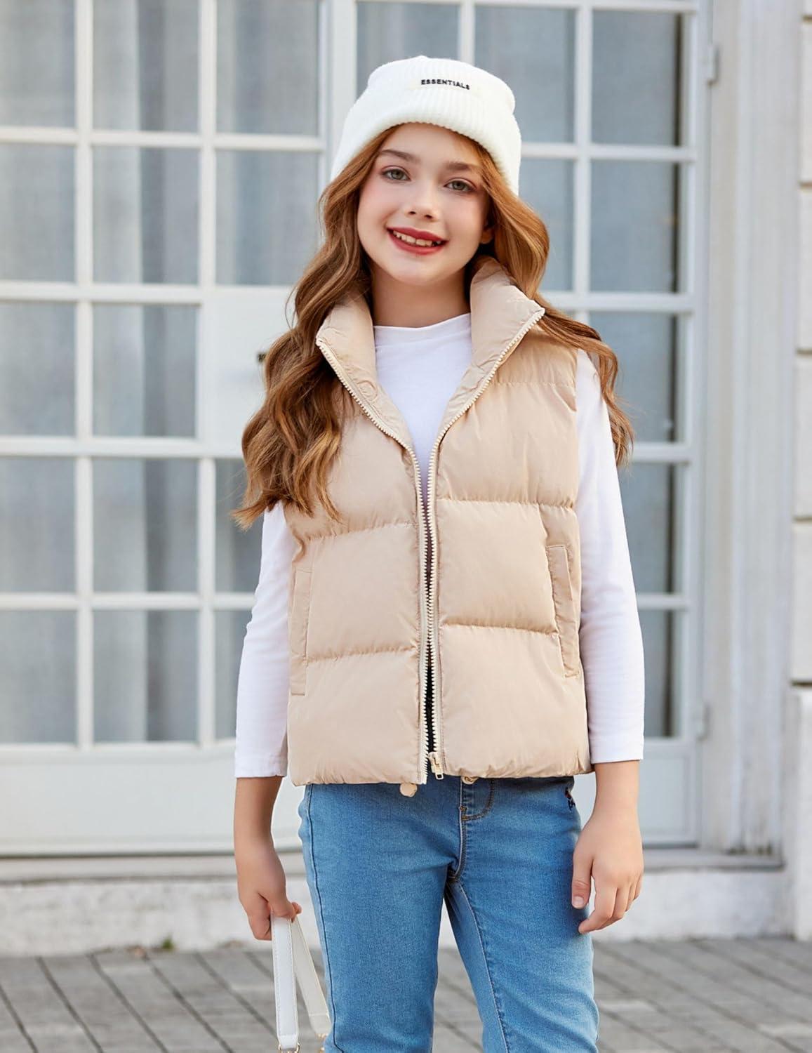 imageArshiner Girls Winter Zipper Puffer Vest Lightweight Sleeveless Outwear Puffy Vests for 512 Years OldKhaki