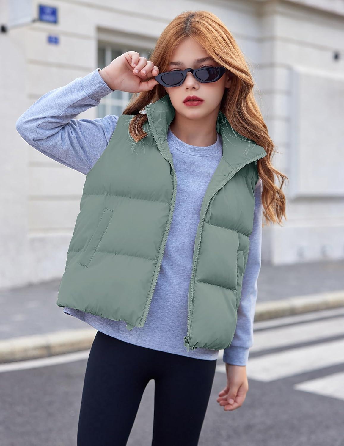 imageArshiner Girls Winter Zipper Puffer Vest Lightweight Sleeveless Outwear Puffy Vests for 512 Years OldLight Grey