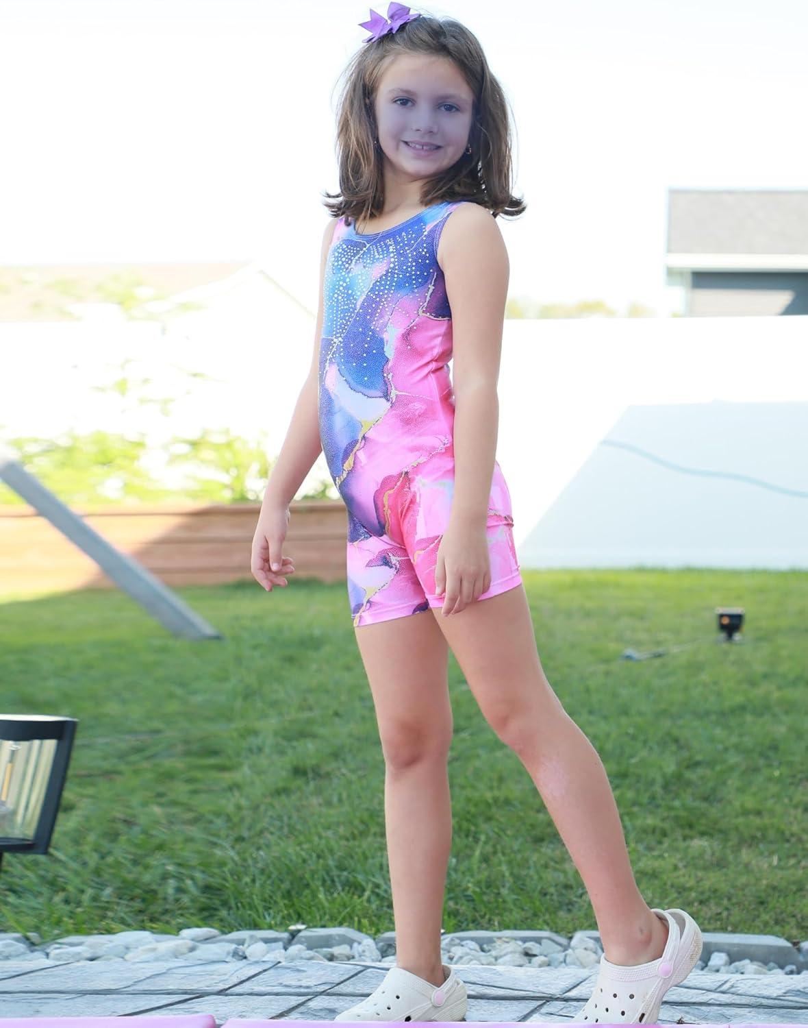 imageArshiner Leotards for Girls Gymnastics with Shorts Color Gradient Shiny Diamond Kids BiketardRose Blue Marble