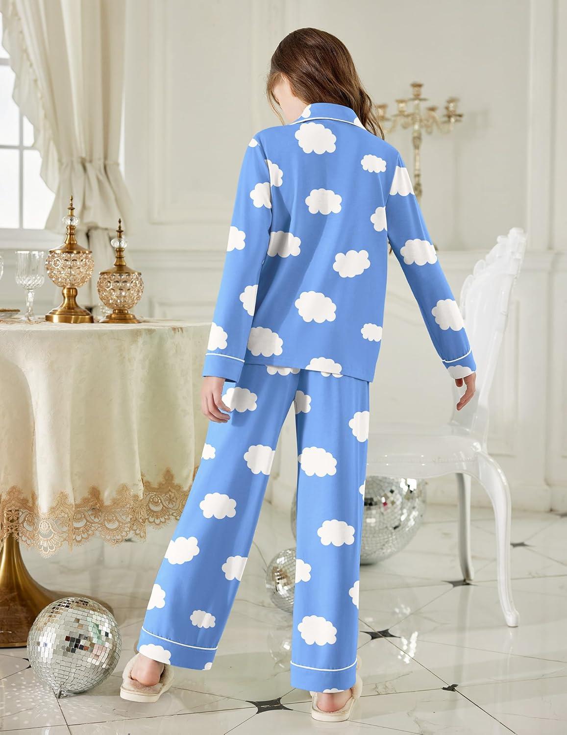 imageArshiner Pajamas Set for Girls Plaid Long Sleeve Lounge Set Button Down Pj SetsBlue Clouds