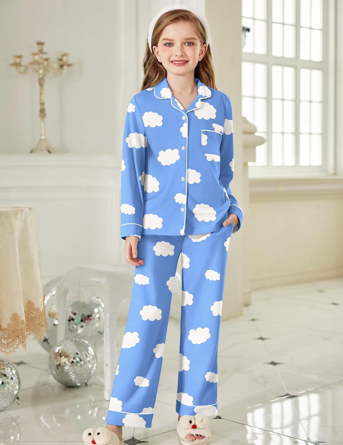 imageArshiner Pajamas Set for Girls Plaid Long Sleeve Lounge Set Button Down Pj SetsBlue Clouds