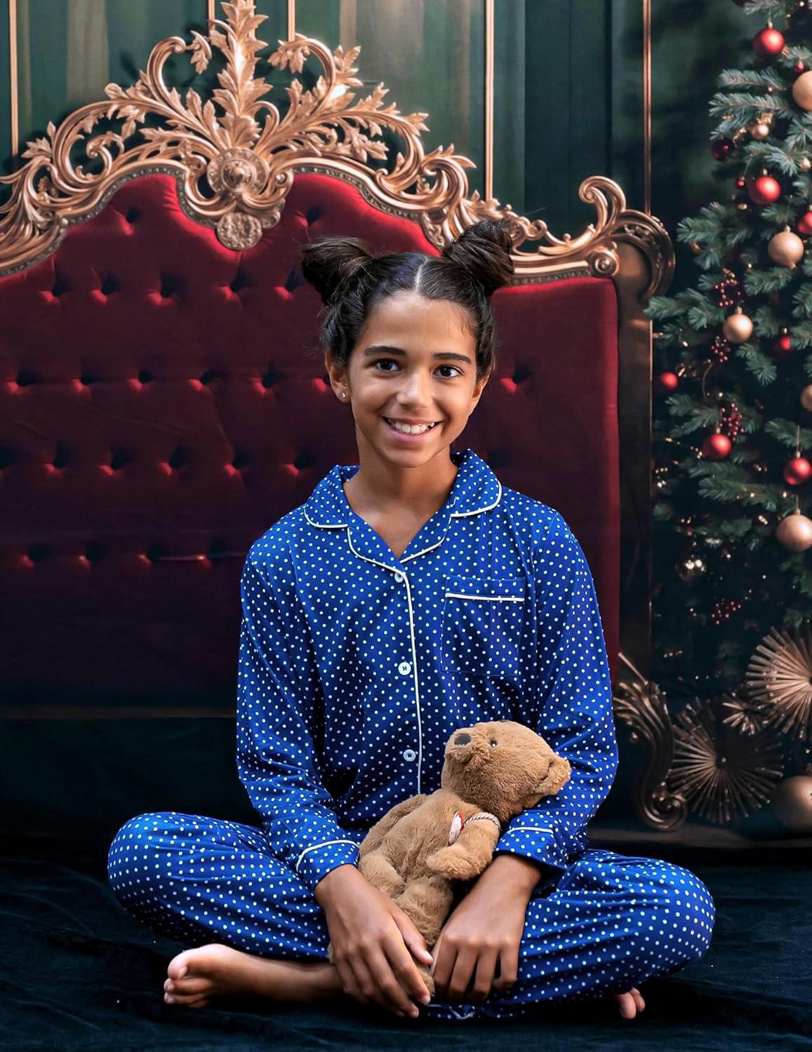 imageArshiner Pajamas Set for Girls Plaid Long Sleeve Lounge Set Button Down Pj SetsDark Blue Polka Dots