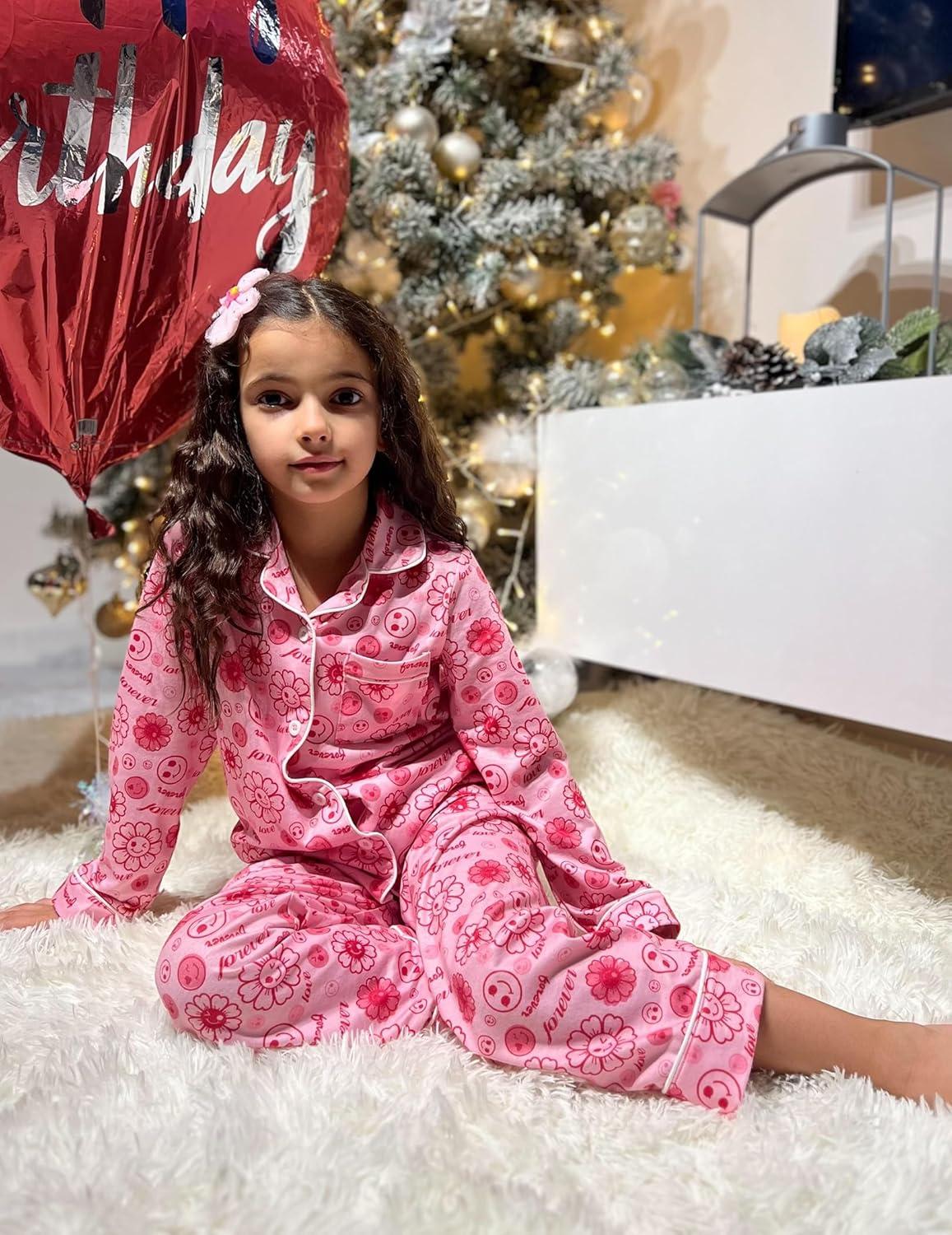 imageArshiner Pajamas Set for Girls Plaid Long Sleeve Lounge Set Button Down Pj SetsPink Flower