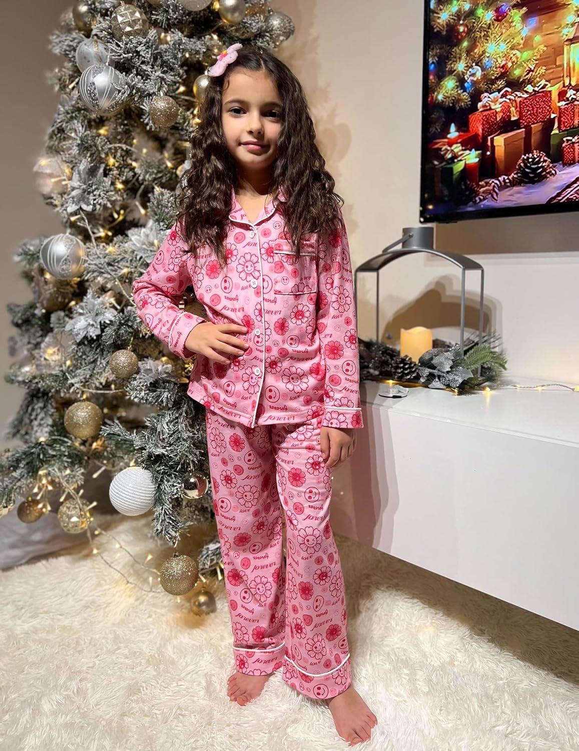 imageArshiner Pajamas Set for Girls Plaid Long Sleeve Lounge Set Button Down Pj SetsPink Flower