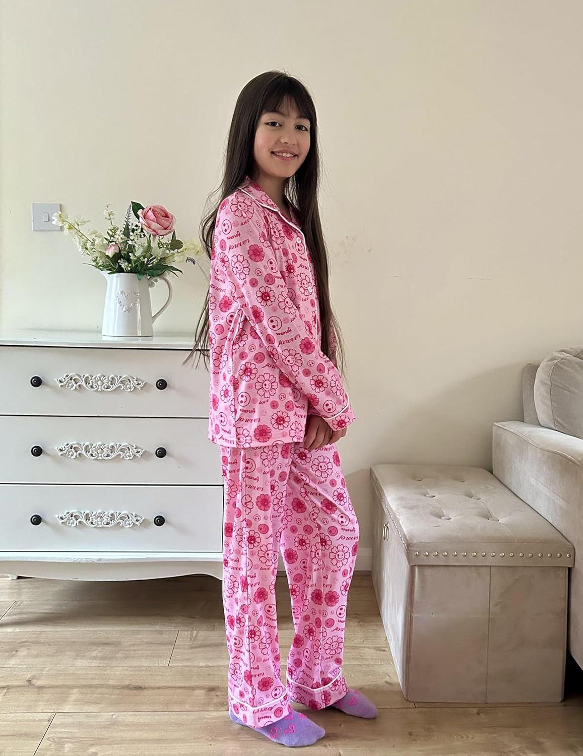 imageArshiner Pajamas Set for Girls Plaid Long Sleeve Lounge Set Button Down Pj SetsPink Flower