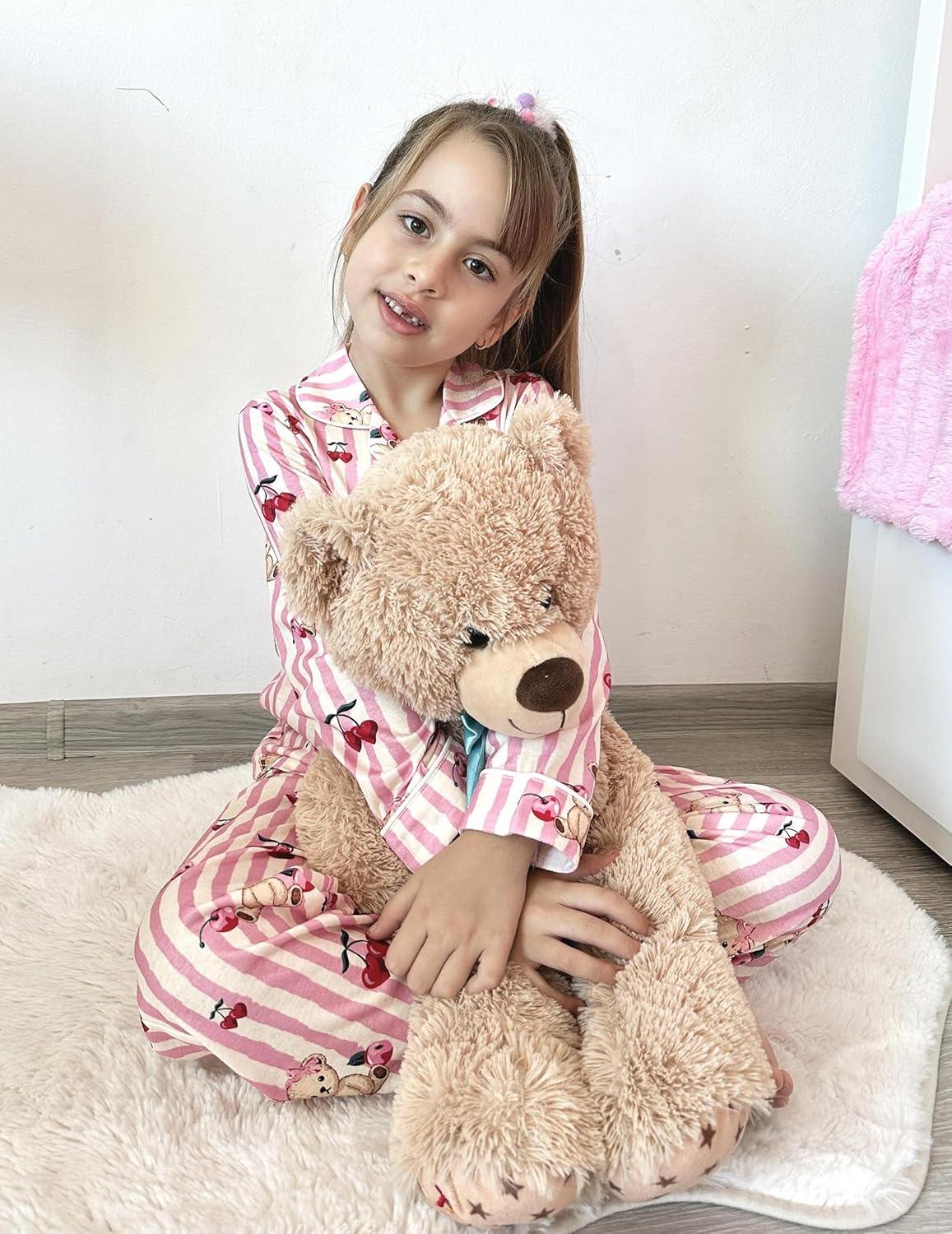imageArshiner Pajamas Set for Girls Plaid Long Sleeve Lounge Set Button Down Pj SetsPink Striped Teddy