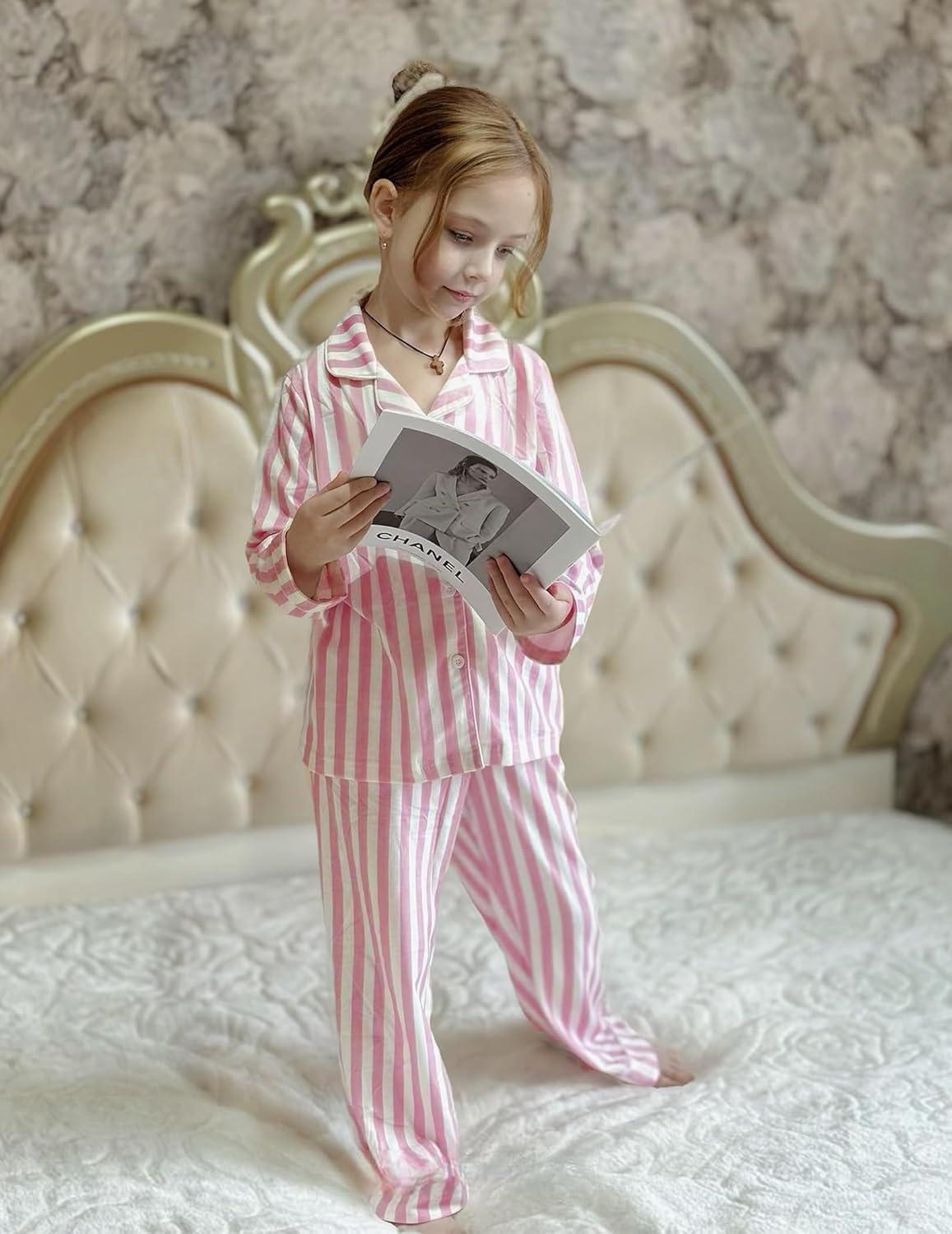 imageArshiner Pajamas Set for Girls Plaid Long Sleeve Lounge Set Button Down Pj SetsPink Stripes