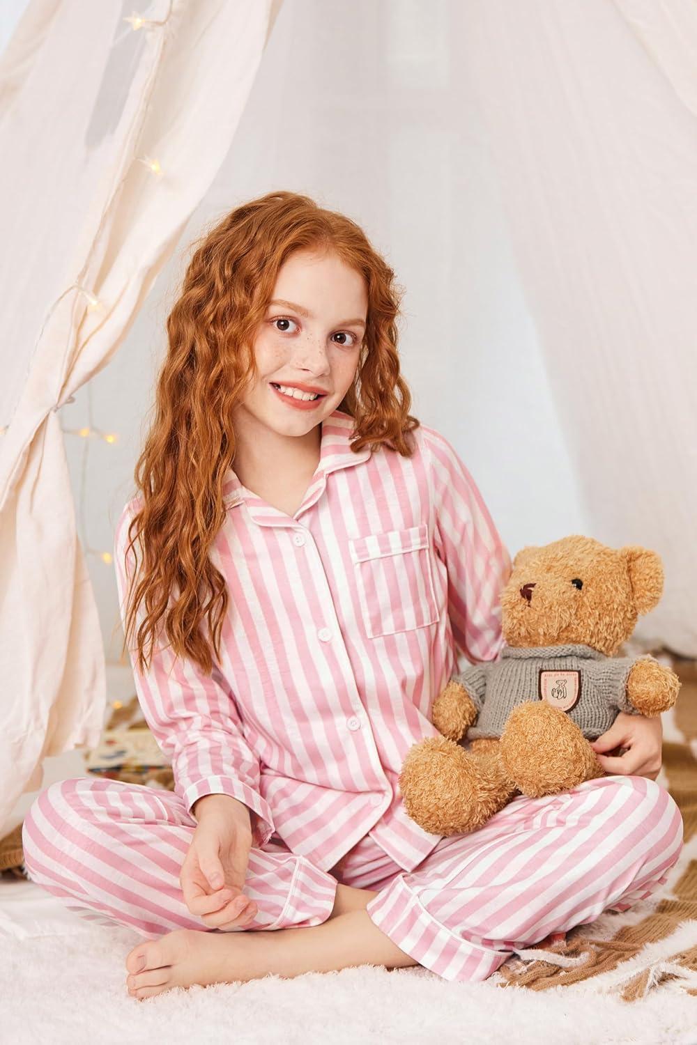 imageArshiner Pajamas Set for Girls Plaid Long Sleeve Lounge Set Button Down Pj SetsPink Stripes
