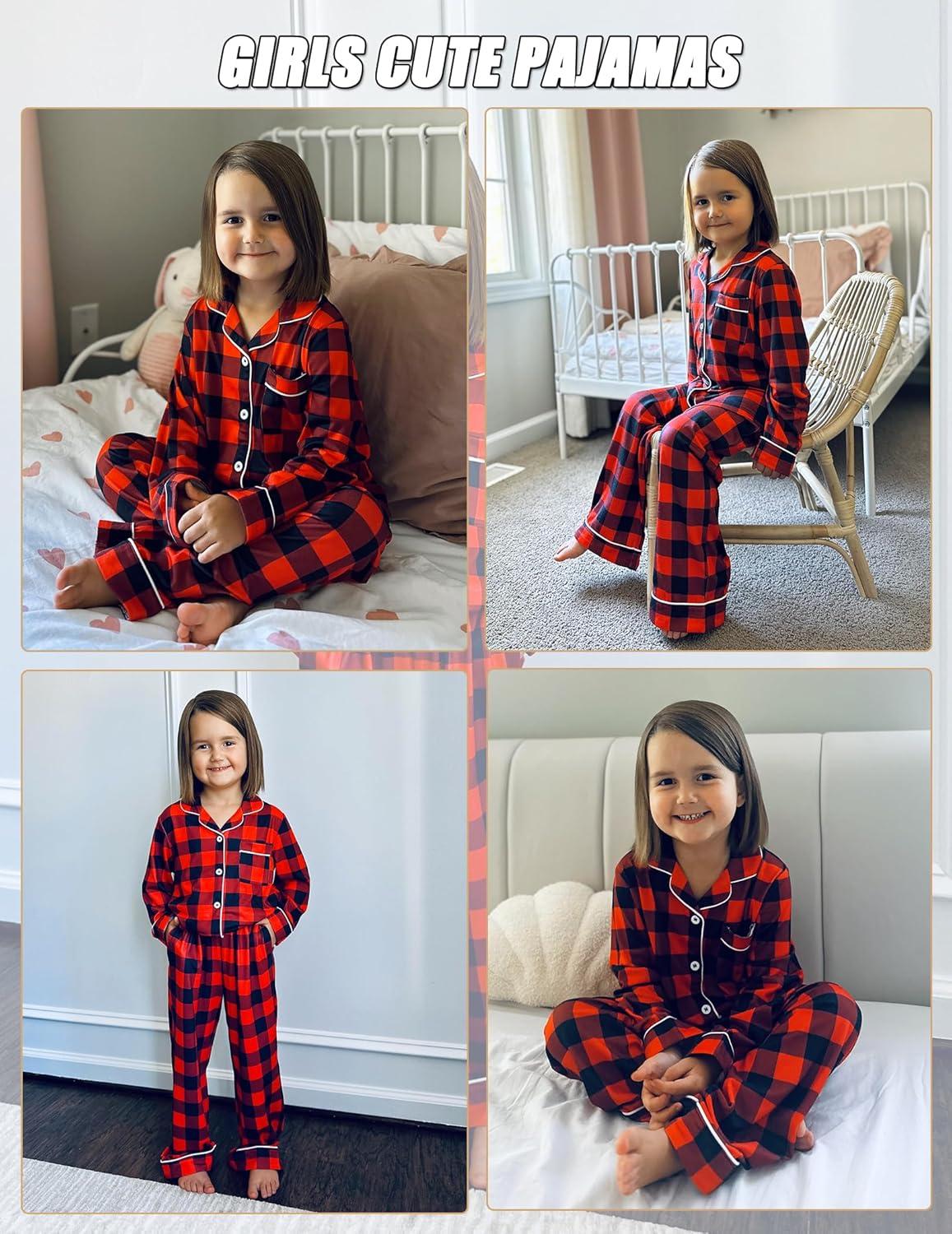imageArshiner Pajamas Set for Girls Plaid Long Sleeve Lounge Set Button Down Pj SetsRed Black Plaid