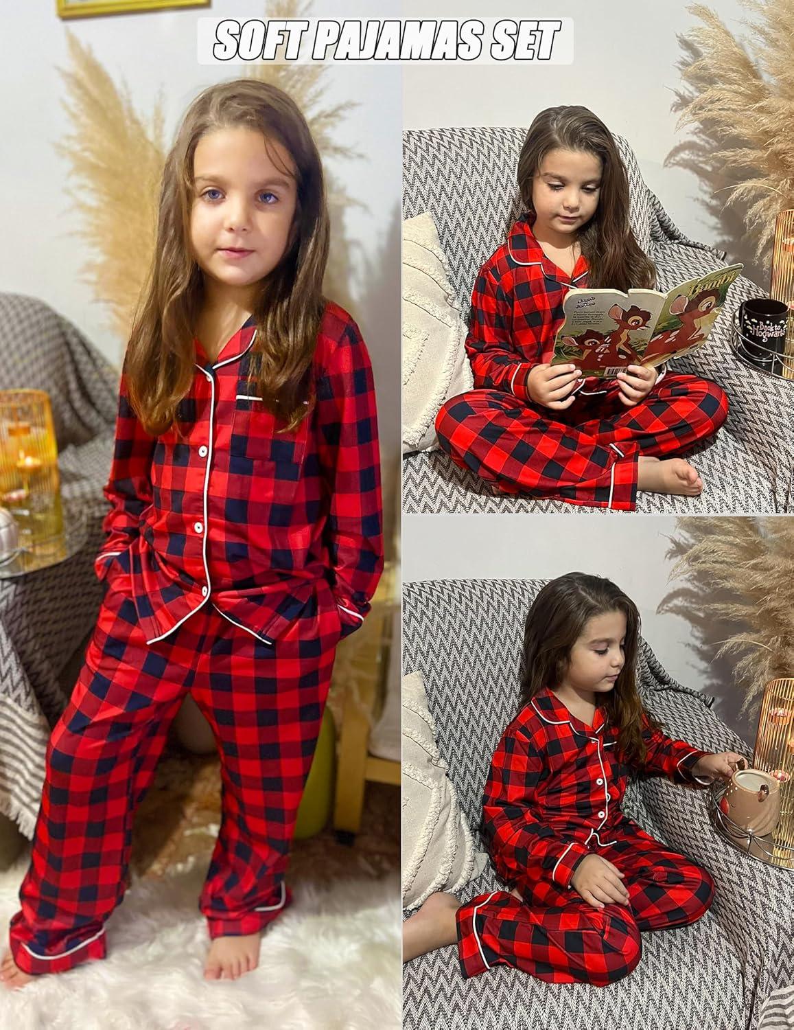 imageArshiner Pajamas Set for Girls Plaid Long Sleeve Lounge Set Button Down Pj SetsRed Black Plaid