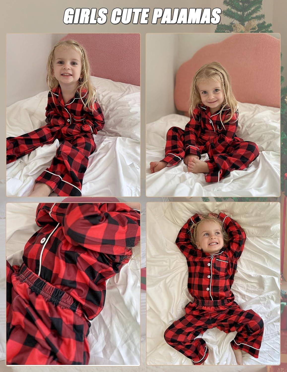 imageArshiner Pajamas Set for Girls Plaid Long Sleeve Lounge Set Button Down Pj SetsRed Black Plaid