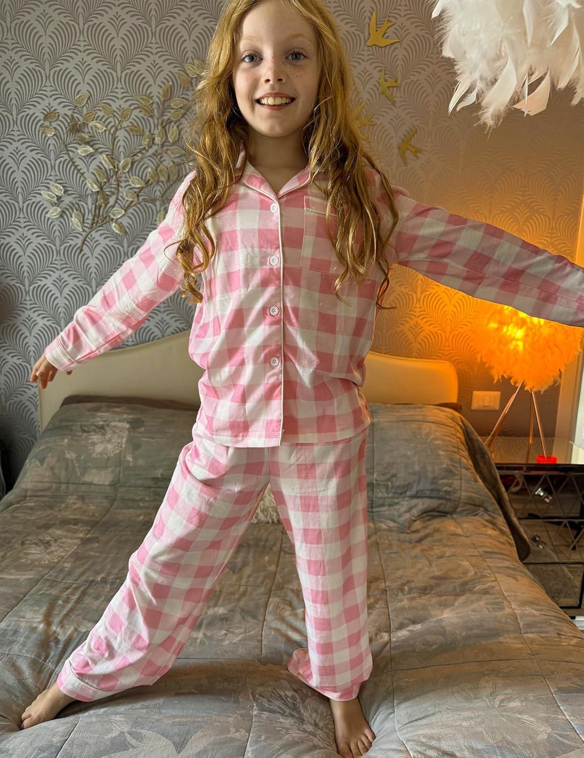 imageArshiner Pajamas Set for Girls Plaid Long Sleeve Lounge Set Button Down Pj SetsWhite Pink Plaid