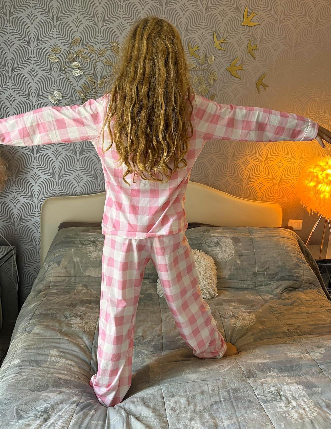 imageArshiner Pajamas Set for Girls Plaid Long Sleeve Lounge Set Button Down Pj SetsWhite Pink Plaid