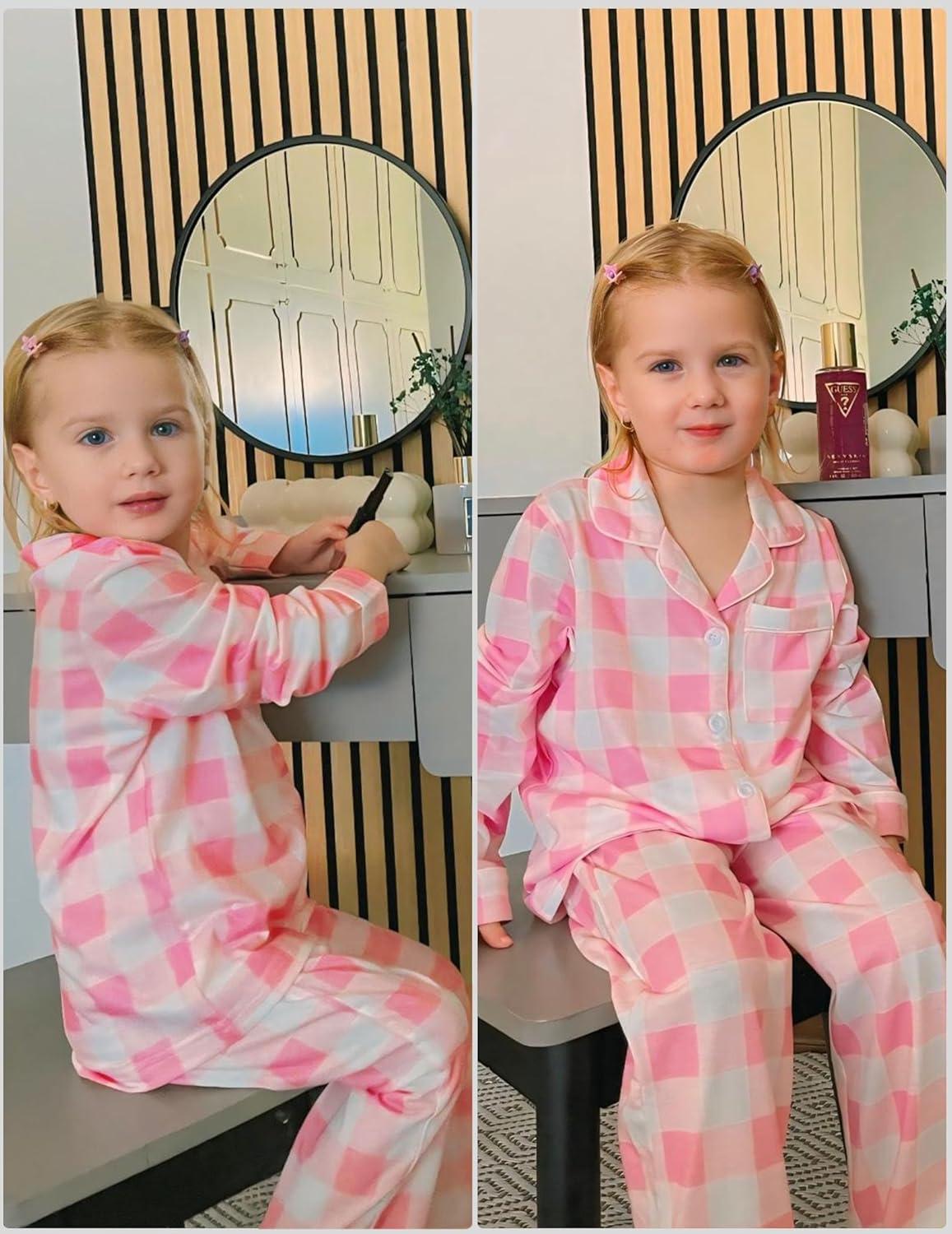 imageArshiner Pajamas Set for Girls Plaid Long Sleeve Lounge Set Button Down Pj SetsWhite Pink Plaid