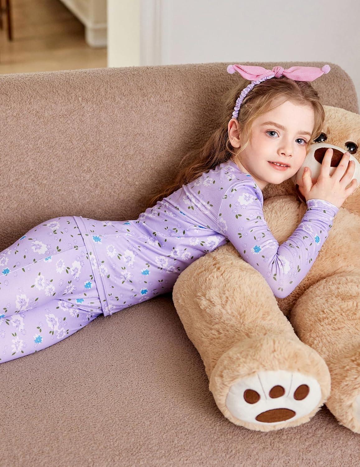 imageArshiner Pajamas for Girls Long Sleeve Pants Sets Snug fit 2 Piece Pjs Set Soft SleepwearPurple Flowers