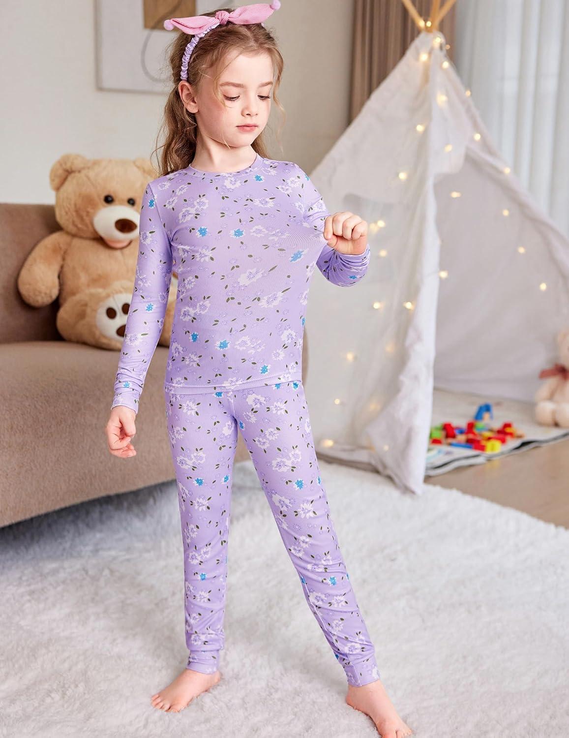 imageArshiner Pajamas for Girls Long Sleeve Pants Sets Snug fit 2 Piece Pjs Set Soft SleepwearPurple Flowers