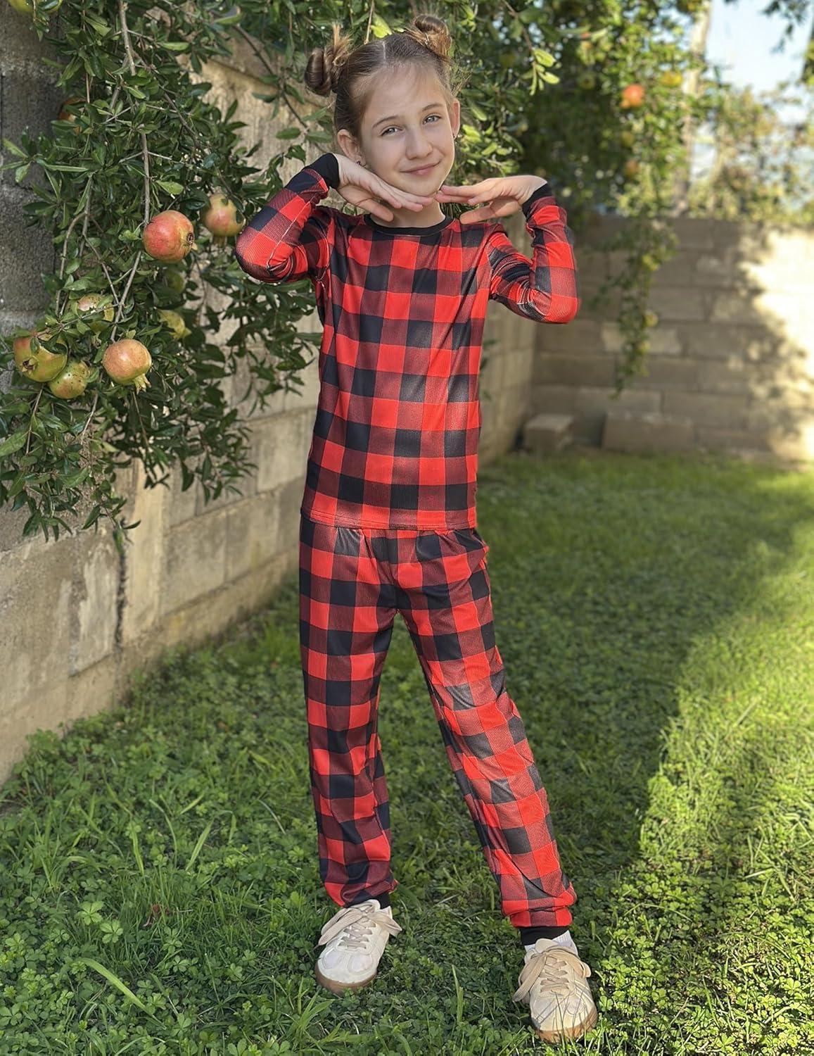 imageArshiner Pajamas for Girls Long Sleeve Pants Sets Snug fit 2 Piece Pjs Set Soft SleepwearRed Plaid