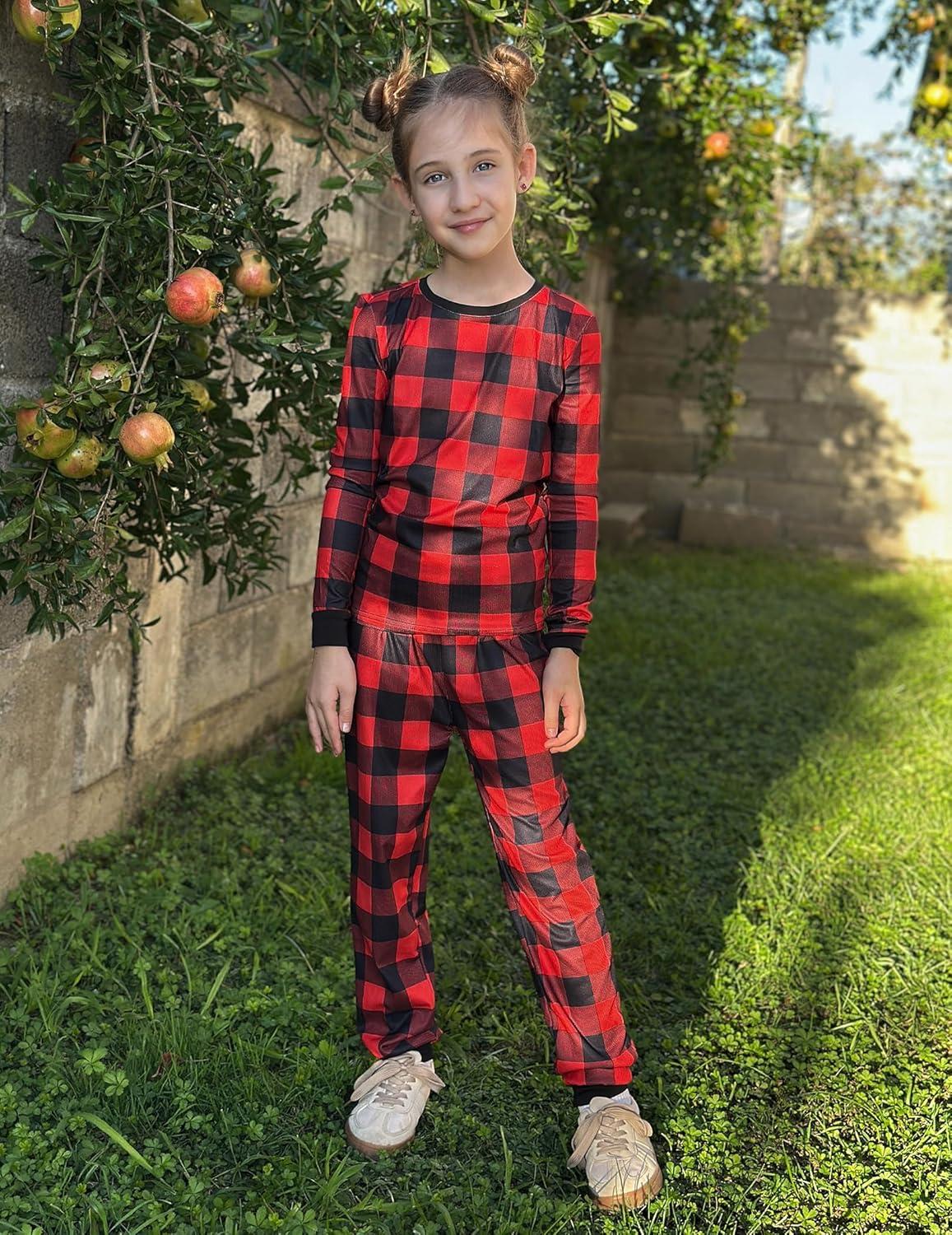imageArshiner Pajamas for Girls Long Sleeve Pants Sets Snug fit 2 Piece Pjs Set Soft SleepwearRed Plaid