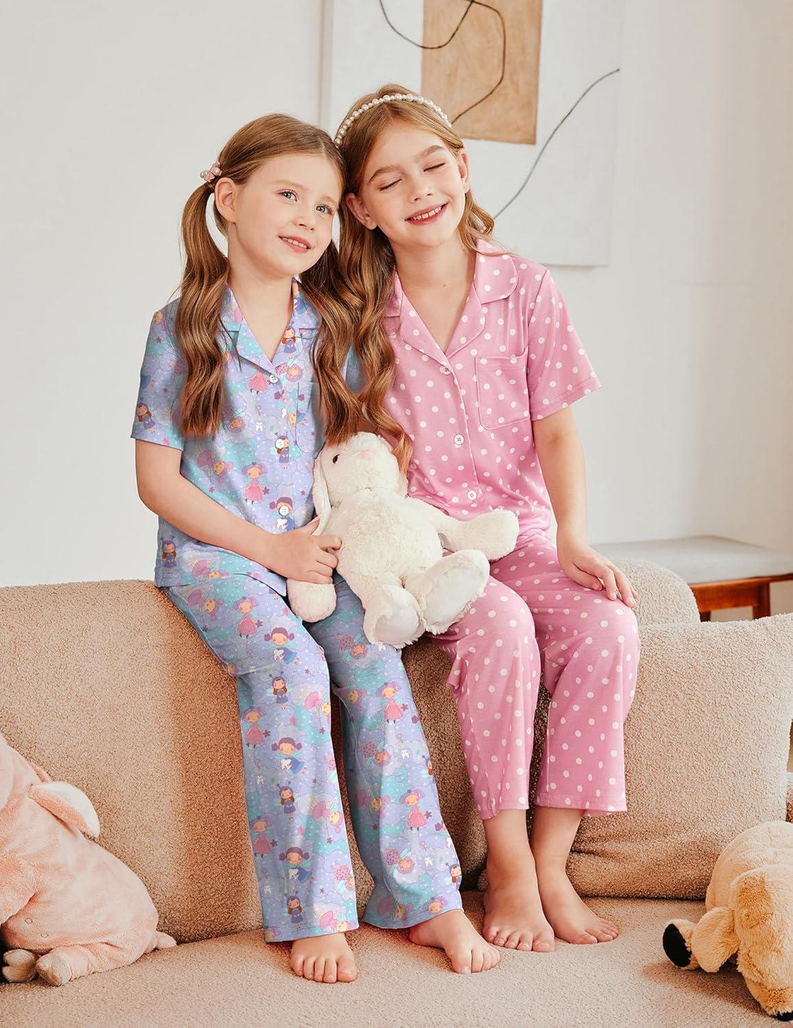 imageArshiner Pajamas for Girls Short Sleeve Long Pants Outfit 2 Piece Sleepwear Button Pjs SetsCloud Elfpink Purple Blue