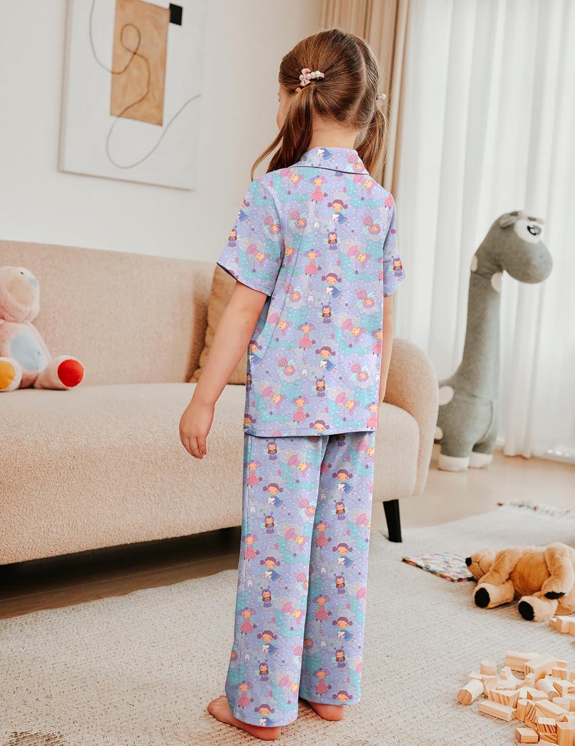 imageArshiner Pajamas for Girls Short Sleeve Long Pants Outfit 2 Piece Sleepwear Button Pjs SetsCloud Elfpink Purple Blue