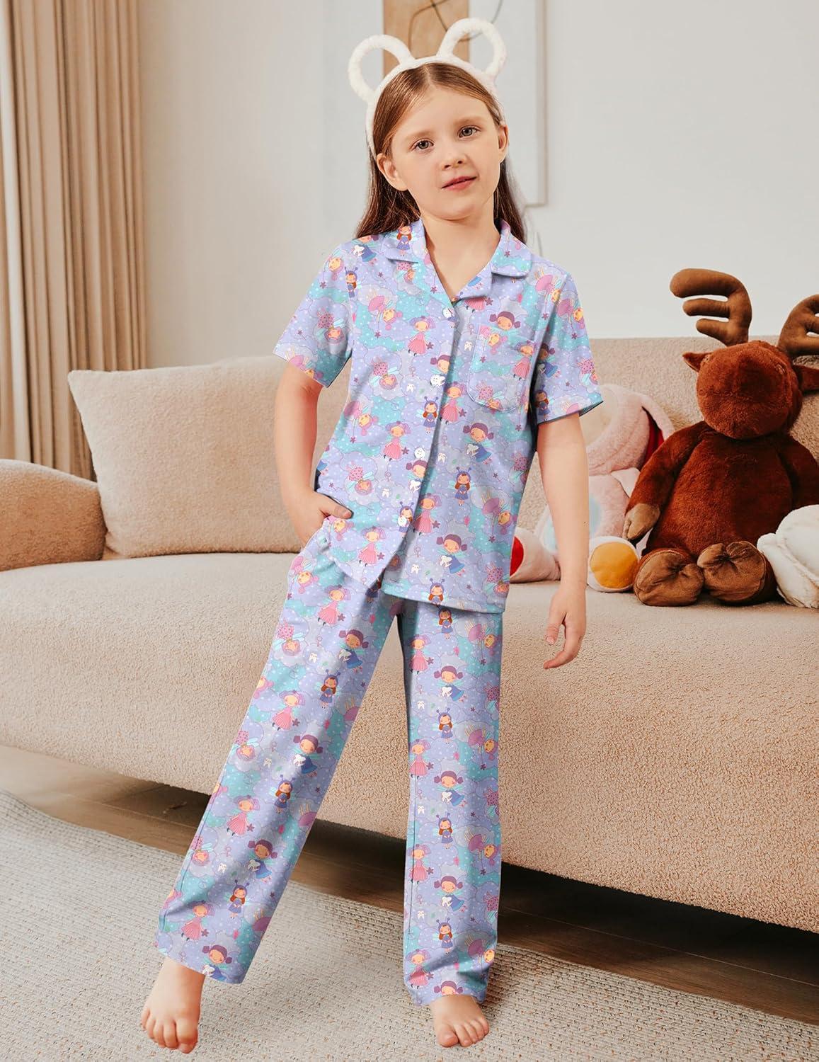 imageArshiner Pajamas for Girls Short Sleeve Long Pants Outfit 2 Piece Sleepwear Button Pjs SetsCloud Elfpink Purple Blue