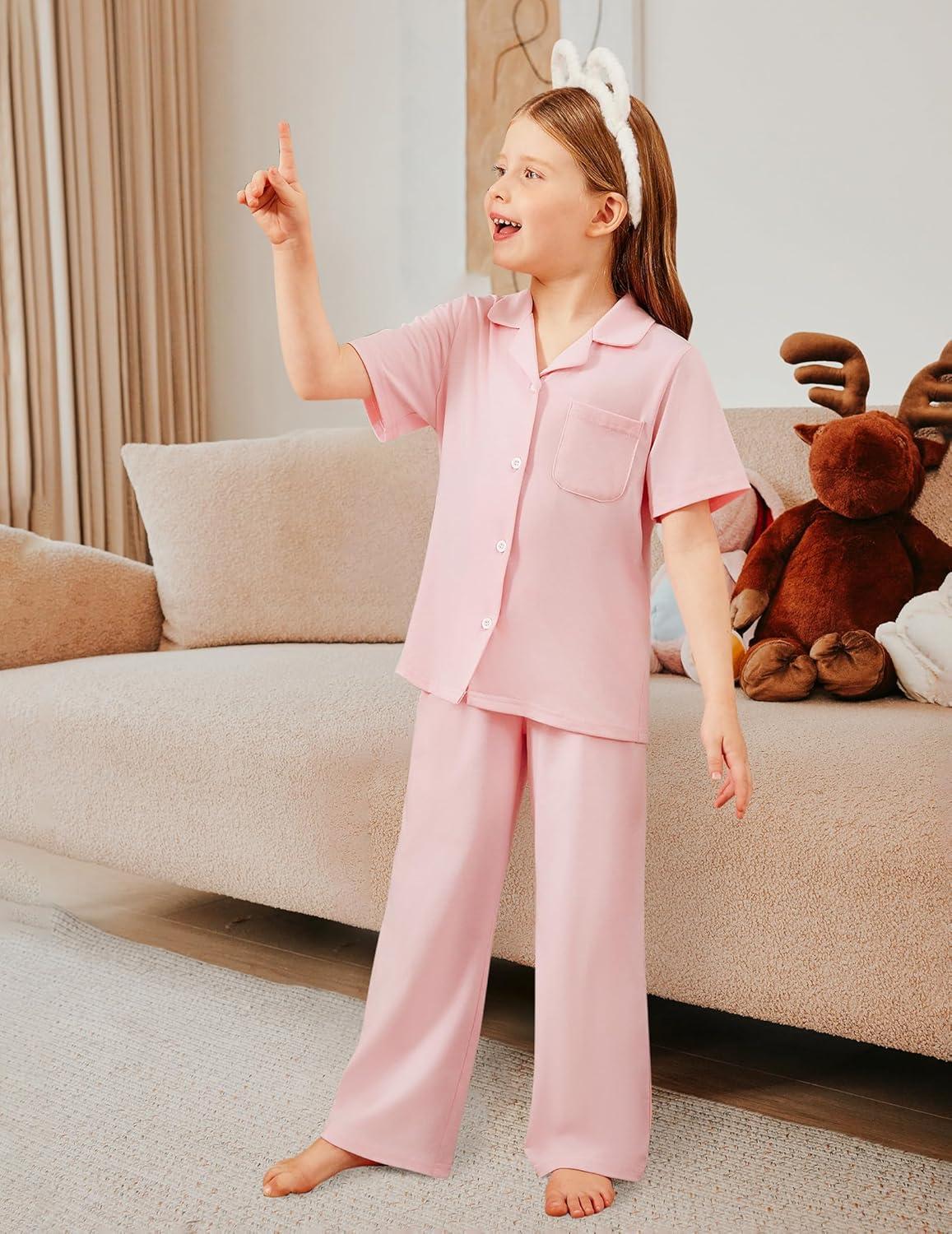 imageArshiner Pajamas for Girls Short Sleeve Long Pants Outfit 2 Piece Sleepwear Button Pjs SetsPink