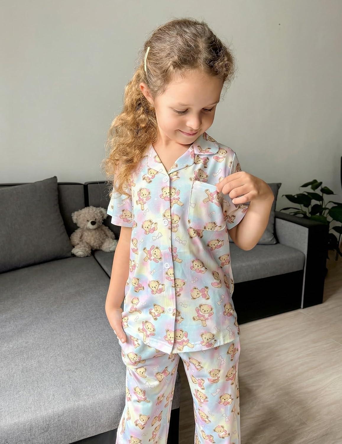 imageArshiner Pajamas for Girls Short Sleeve Long Pants Outfit 2 Piece Sleepwear Button Pjs SetsPink Teddy