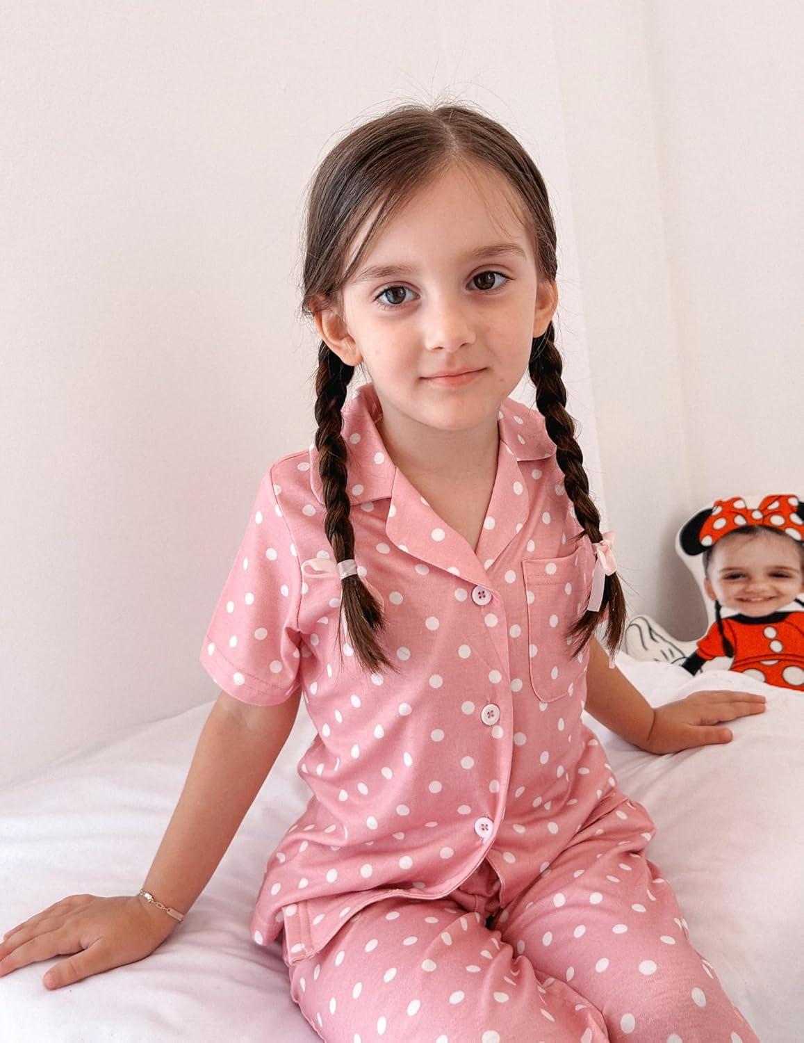 imageArshiner Pajamas for Girls Short Sleeve Long Pants Outfit 2 Piece Sleepwear Button Pjs SetsPolka Dotpink White