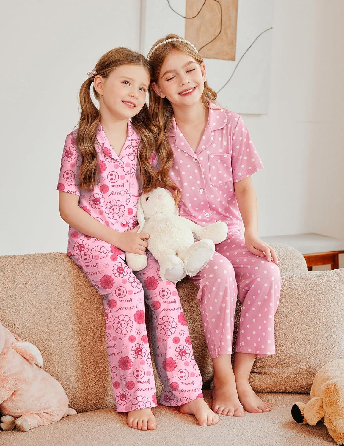 imageArshiner Pajamas for Girls Short Sleeve Long Pants Outfit 2 Piece Sleepwear Button Pjs SetsPolka Dotpink White