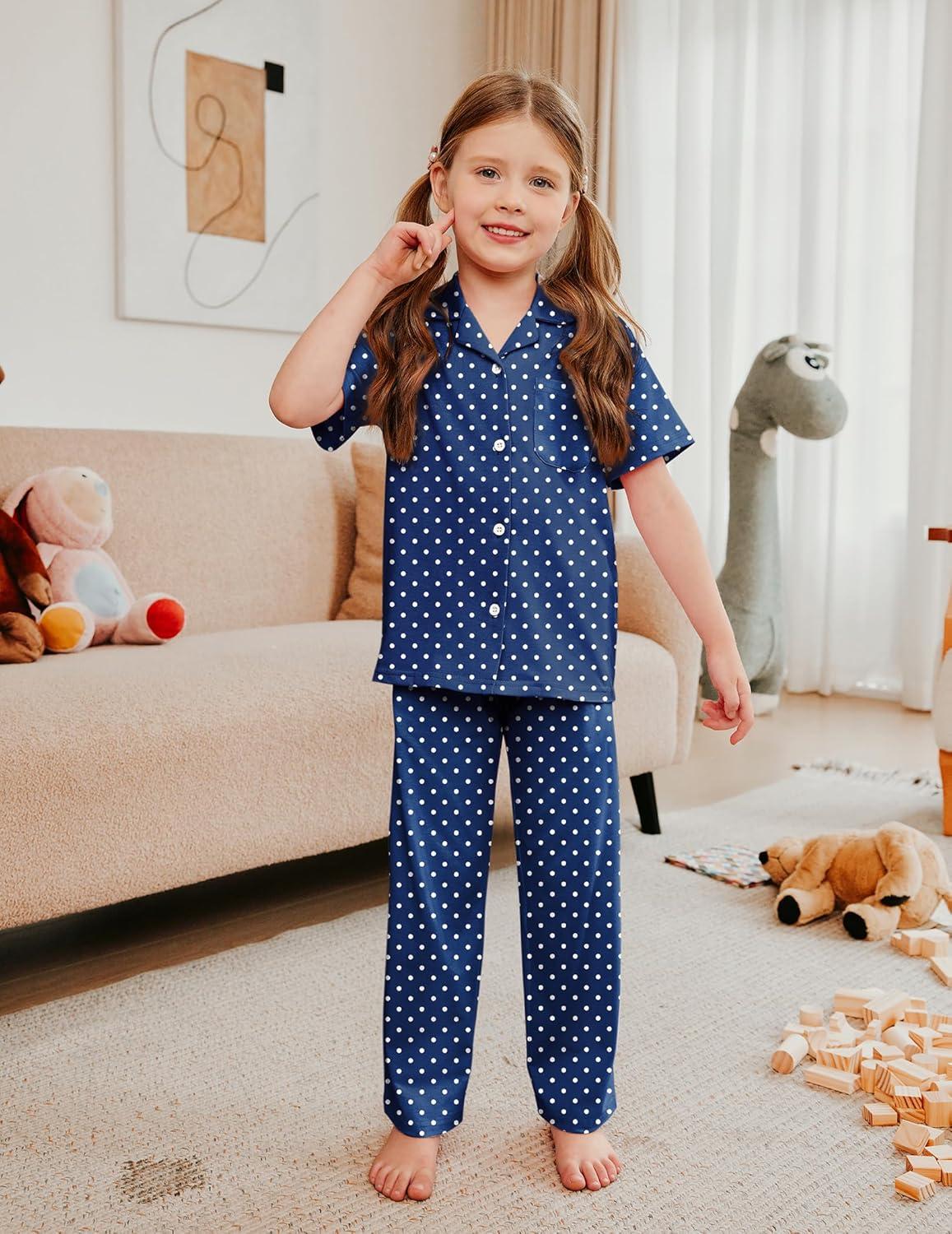 imageArshiner Pajamas for Girls Short Sleeve Long Pants Outfit 2 Piece Sleepwear Button Pjs SetsPolka Dotsdark Blue
