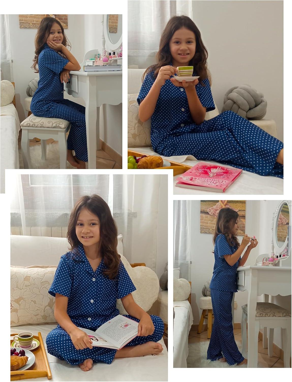 imageArshiner Pajamas for Girls Short Sleeve Long Pants Outfit 2 Piece Sleepwear Button Pjs SetsPolka Dotsdark Blue