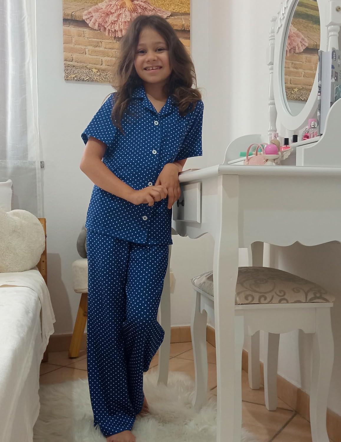 imageArshiner Pajamas for Girls Short Sleeve Long Pants Outfit 2 Piece Sleepwear Button Pjs SetsPolka Dotsdark Blue