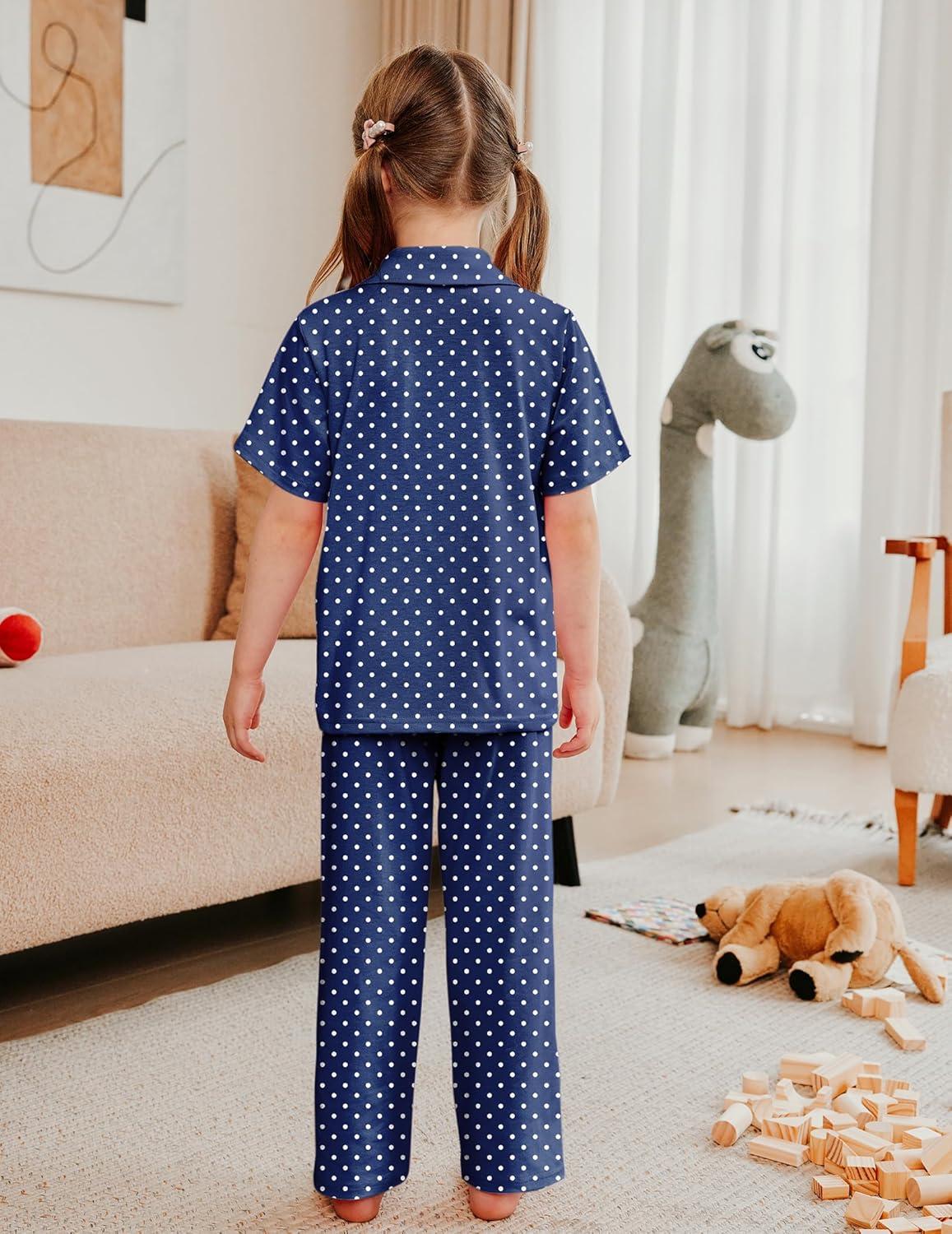 imageArshiner Pajamas for Girls Short Sleeve Long Pants Outfit 2 Piece Sleepwear Button Pjs SetsPolka Dotsdark Blue