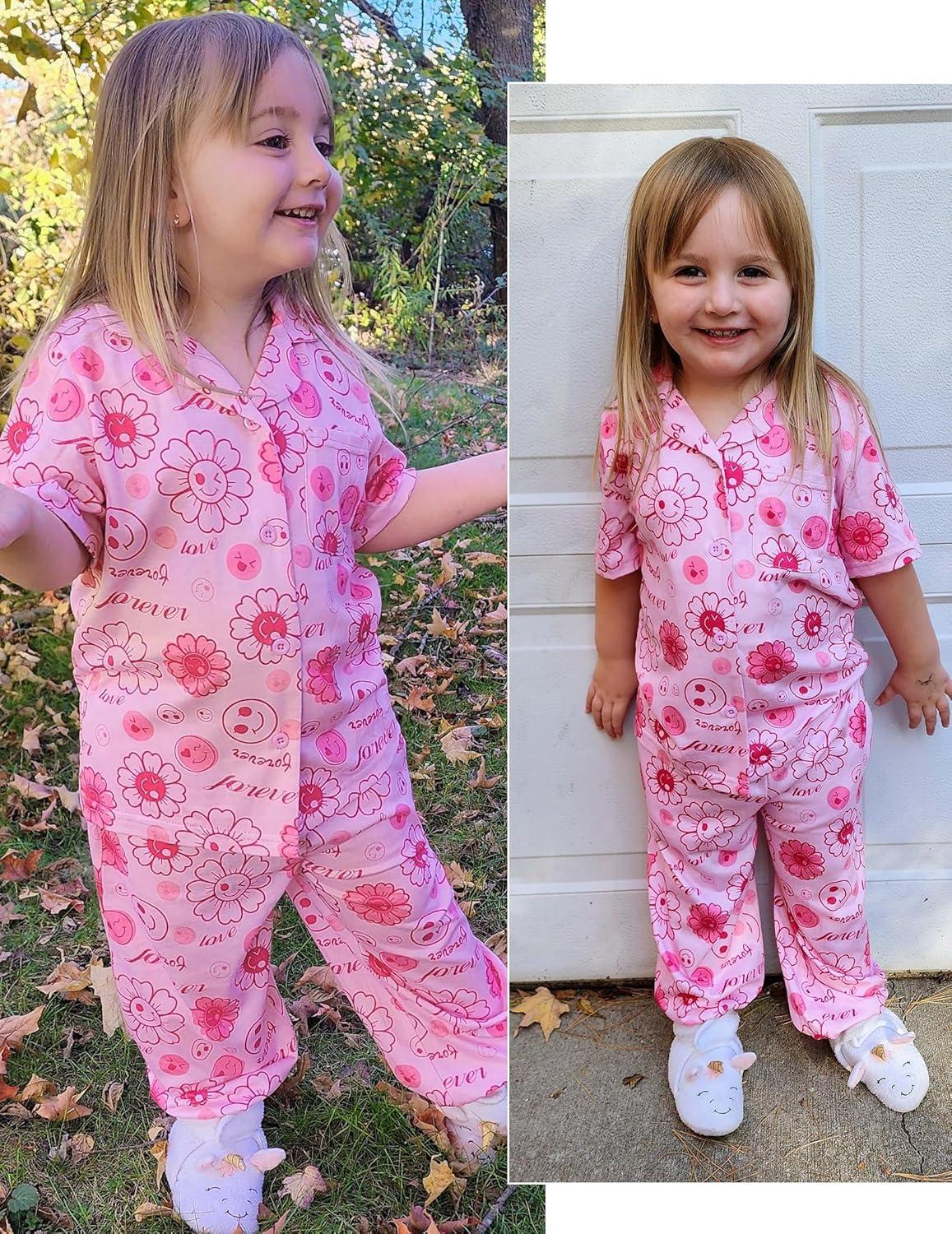 imageArshiner Pajamas for Girls Short Sleeve Long Pants Outfit 2 Piece Sleepwear Button Pjs SetsSmile Face Flowerpink Rose Red