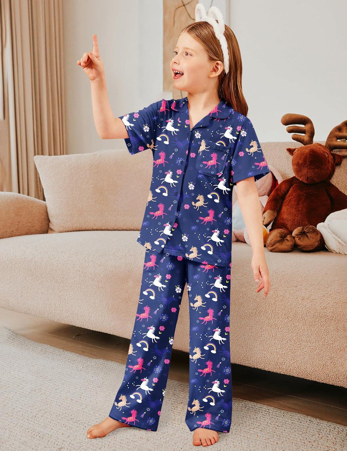 imageArshiner Pajamas for Girls Short Sleeve Long Pants Outfit 2 Piece Sleepwear Button Pjs SetsUnicorn Rainbowdark Purple