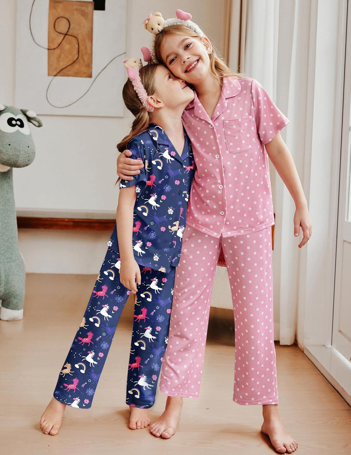 imageArshiner Pajamas for Girls Short Sleeve Long Pants Outfit 2 Piece Sleepwear Button Pjs SetsUnicorn Rainbowdark Purple