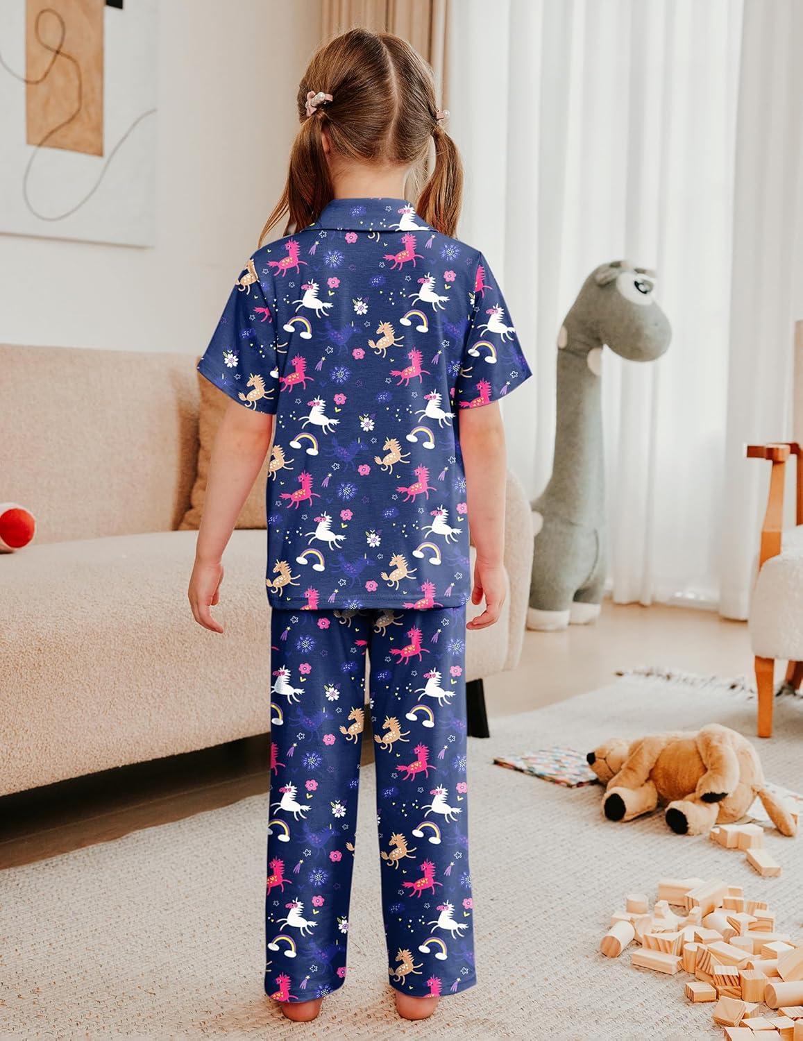 imageArshiner Pajamas for Girls Short Sleeve Long Pants Outfit 2 Piece Sleepwear Button Pjs SetsUnicorn Rainbowdark Purple