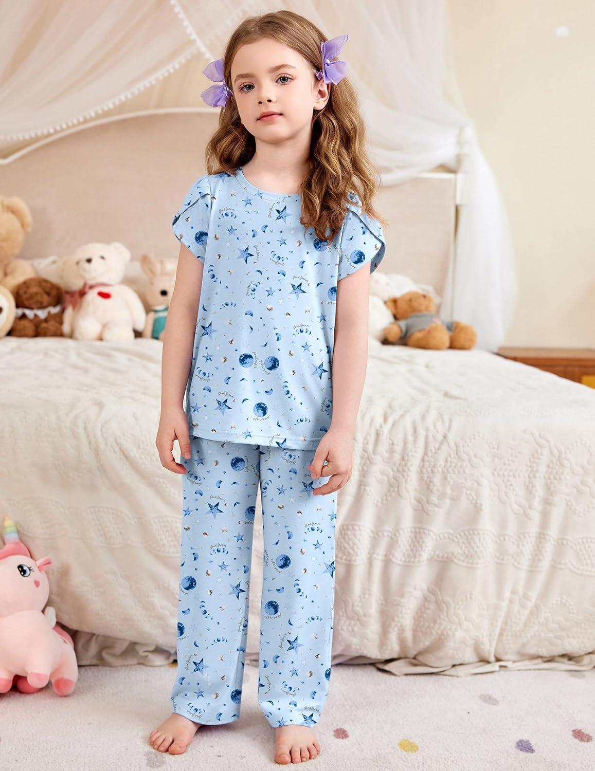 imageArshiner Pajamas for Girls Short Sleeve Long Pants Pjs Cute Soft Sleepwear Lounge SetsBlue Stars Moons