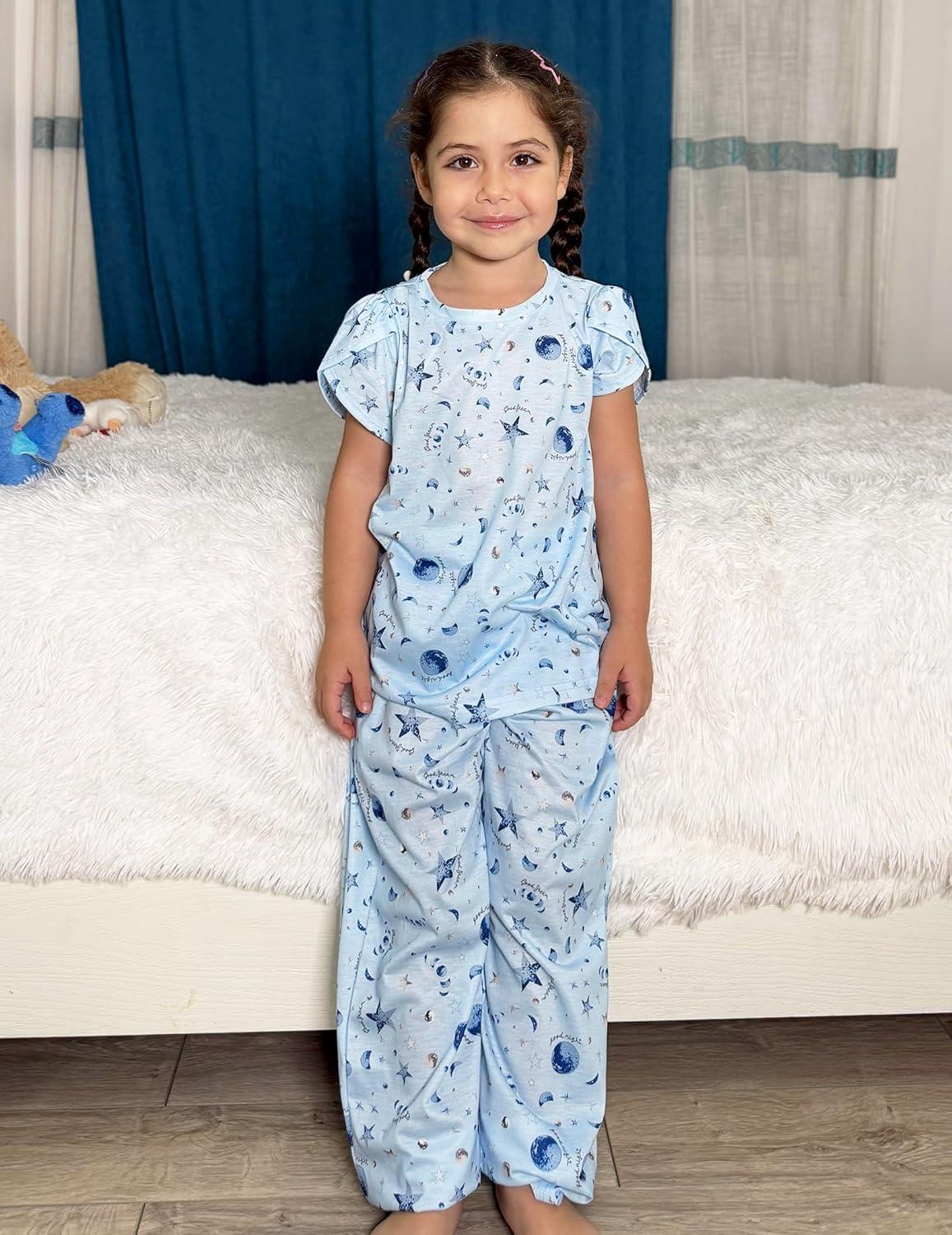 imageArshiner Pajamas for Girls Short Sleeve Long Pants Pjs Cute Soft Sleepwear Lounge SetsBlue Stars Moons