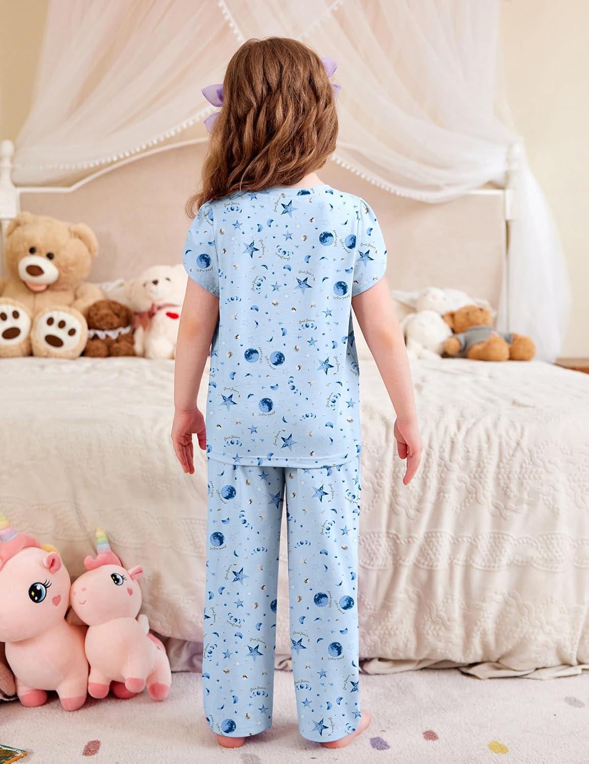 imageArshiner Pajamas for Girls Short Sleeve Long Pants Pjs Cute Soft Sleepwear Lounge SetsBlue Stars Moons