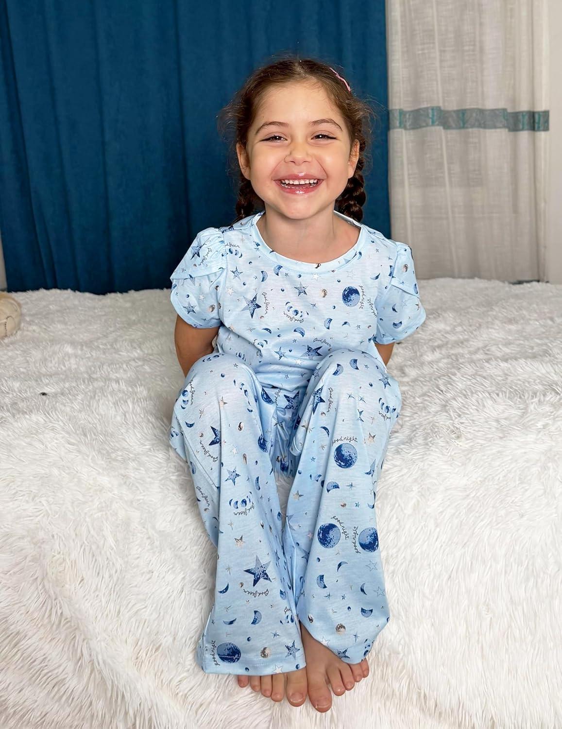 imageArshiner Pajamas for Girls Short Sleeve Long Pants Pjs Cute Soft Sleepwear Lounge SetsBlue Stars Moons