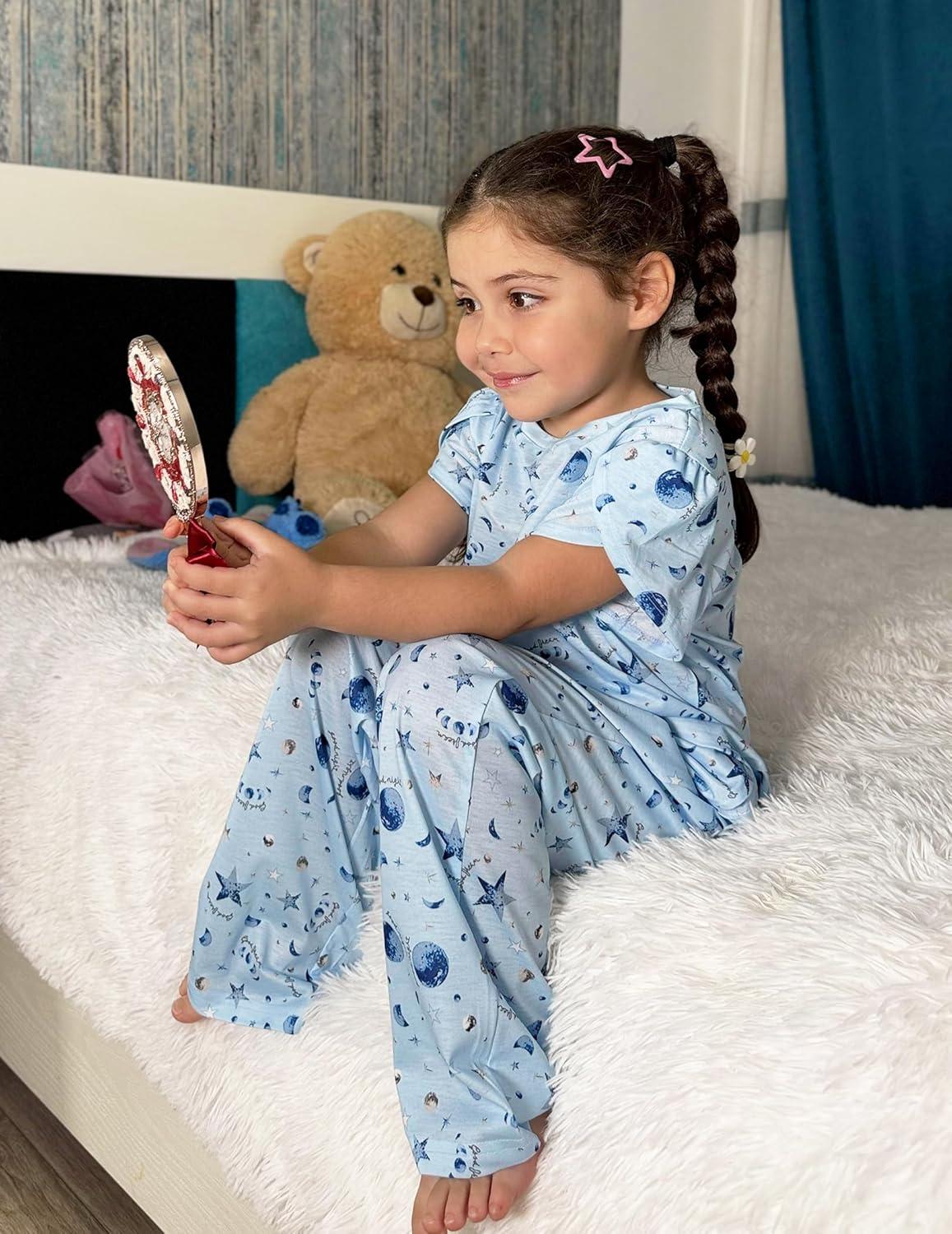 imageArshiner Pajamas for Girls Short Sleeve Long Pants Pjs Cute Soft Sleepwear Lounge SetsBlue Stars Moons